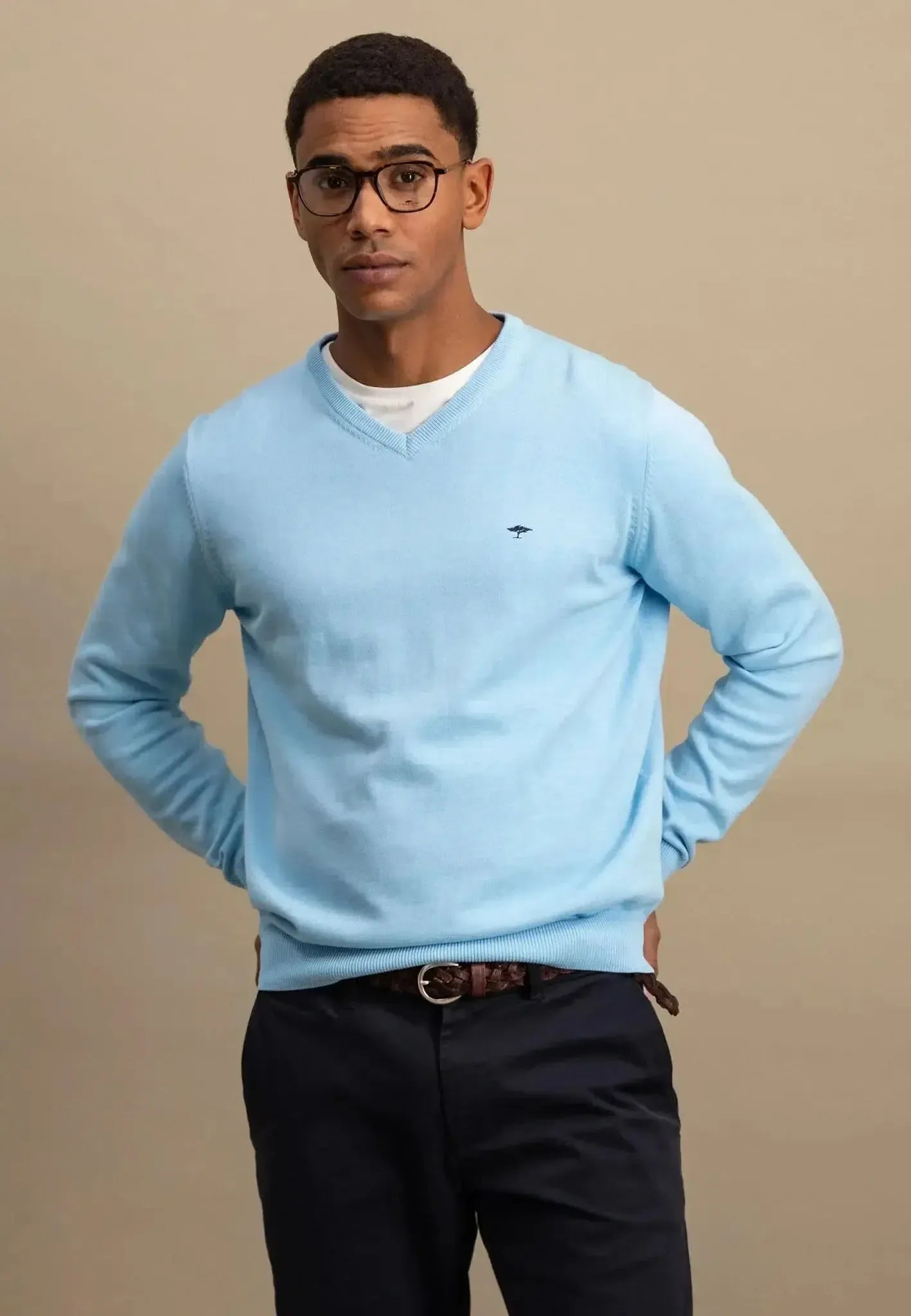 FYNCH-HATTON-Fynch-Hatton Superfine V-Neck Cotton Knit Splashy Ocean-NORTHERN THREADS DESIGNER MENSWEAR
