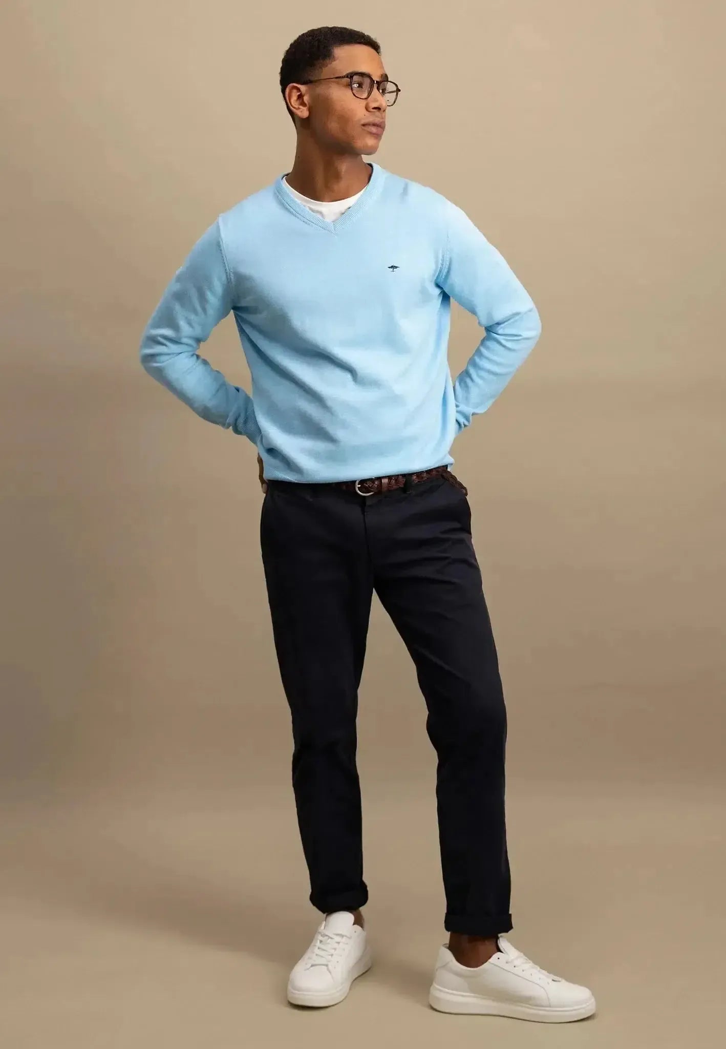 FYNCH-HATTON-Fynch-Hatton Superfine V-Neck Cotton Knit Splashy Ocean-NORTHERN THREADS DESIGNER MENSWEAR