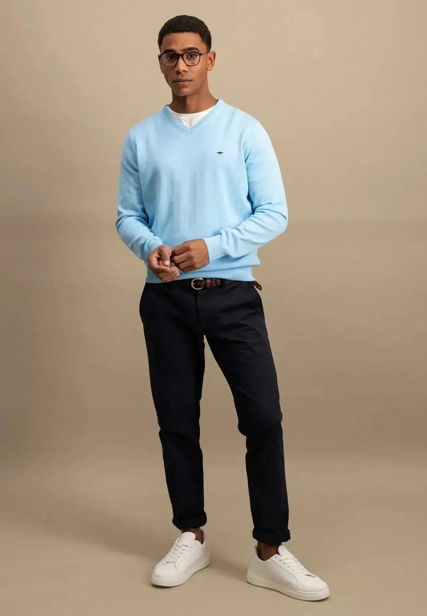 FYNCH-HATTON-Fynch-Hatton Superfine V-Neck Cotton Knit Splashy Ocean-NORTHERN THREADS DESIGNER MENSWEAR