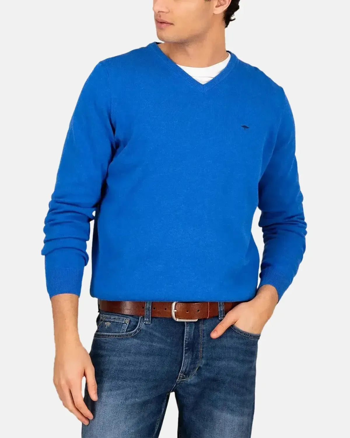 FYNCH-HATTON-FYNCH-HATTON SUPERFINE V-NECK COTTON KNIT STRONG BLUE-NORTHERN THREADS DESIGNER MENSWEAR