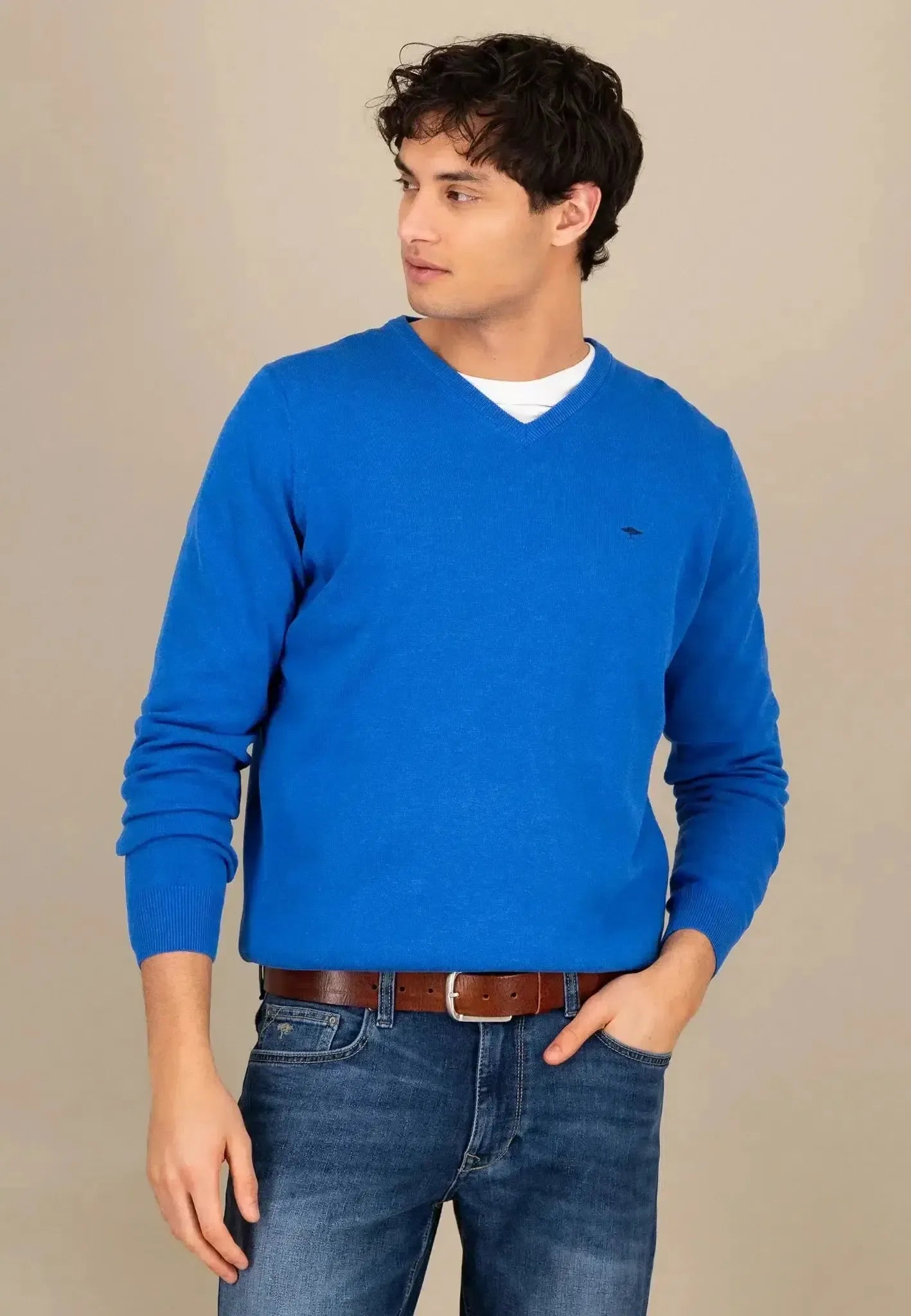 FYNCH-HATTON-Fynch-Hatton Superfine V-Neck Cotton Knit Strong Blue-NORTHERN THREADS DESIGNER MENSWEAR