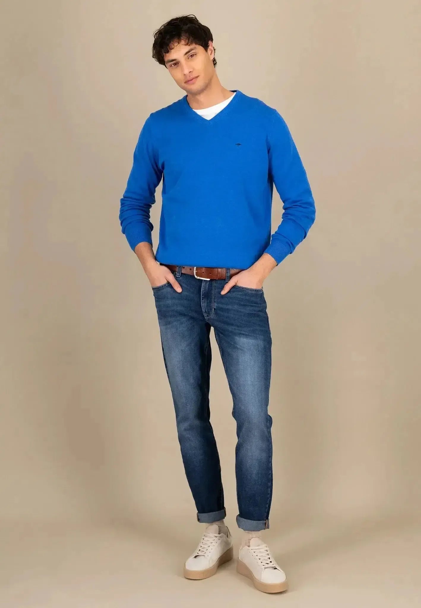 FYNCH-HATTON-Fynch-Hatton Superfine V-Neck Cotton Knit Strong Blue-NORTHERN THREADS DESIGNER MENSWEAR