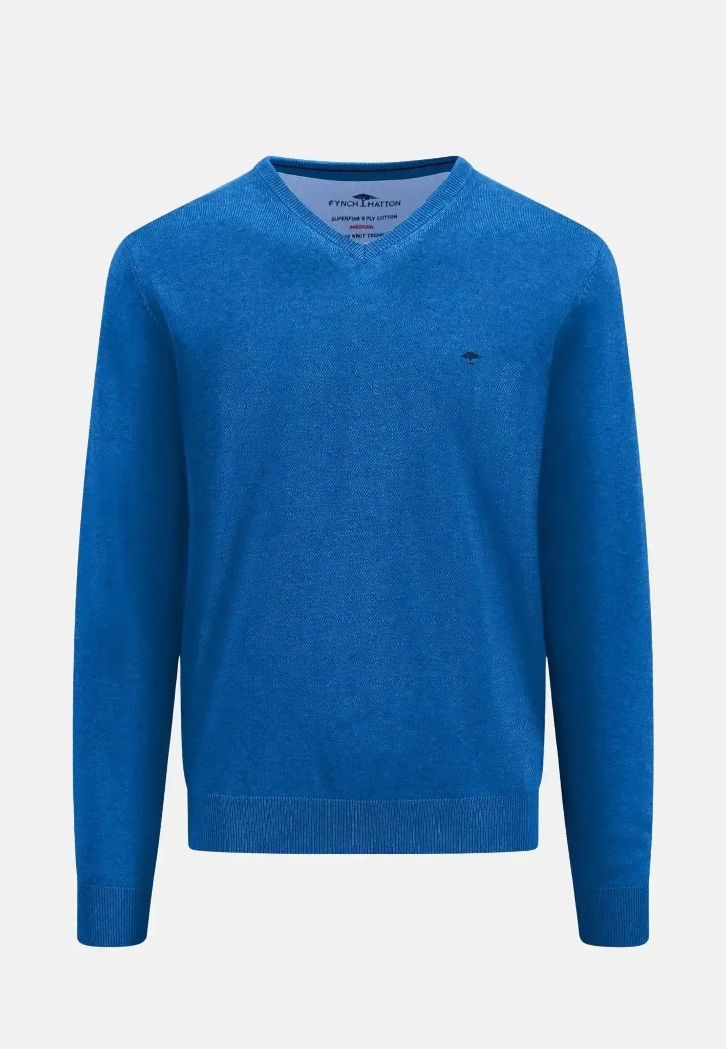 FYNCH-HATTON-Fynch-Hatton Superfine V-Neck Cotton Knit Strong Blue-NORTHERN THREADS DESIGNER MENSWEAR