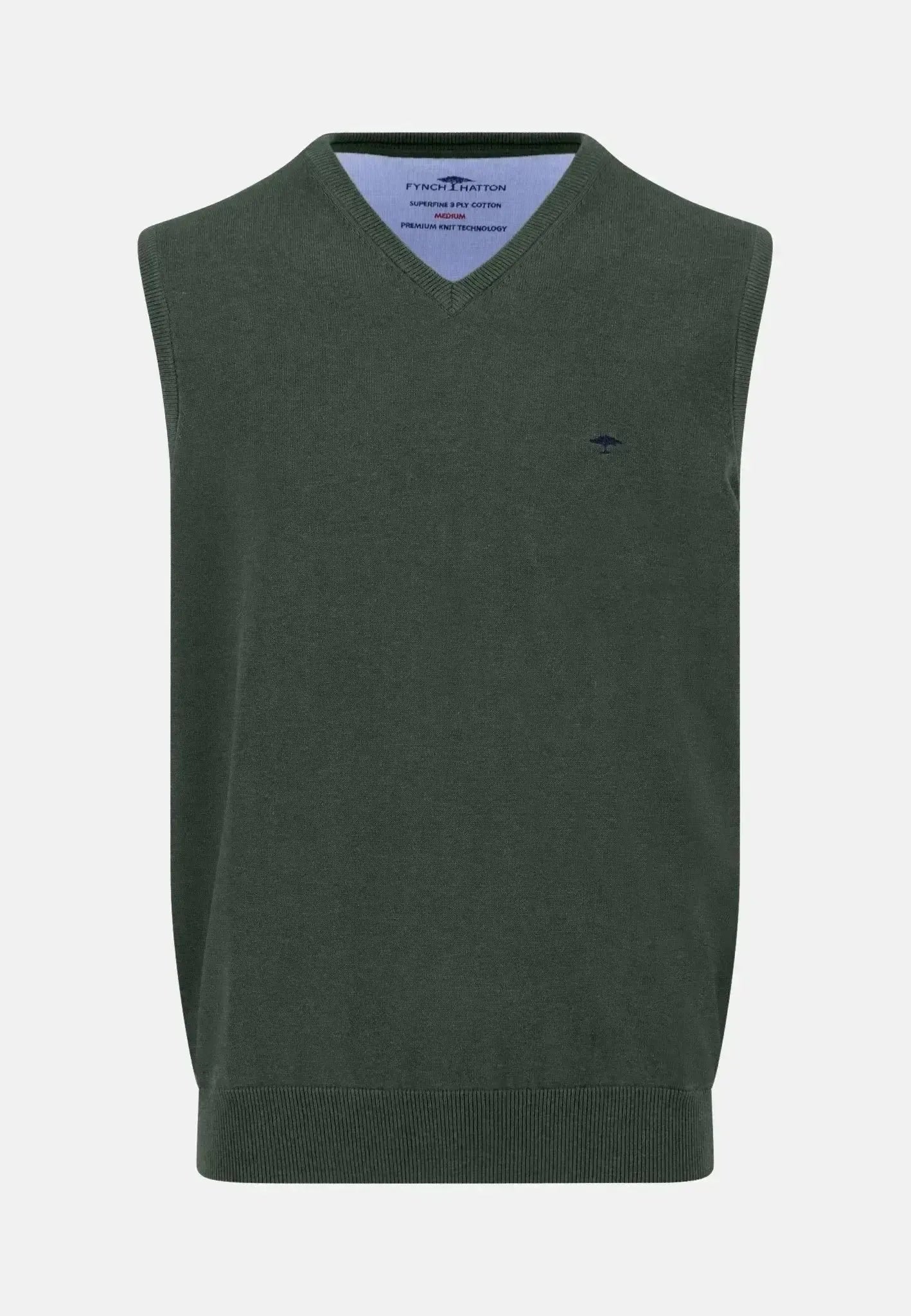 FYNCH-HATTON-Fynch-Hatton Superfine V-Neck Cotton Knit Vest Dark Ivy-NORTHERN THREADS DESIGNER MENSWEAR