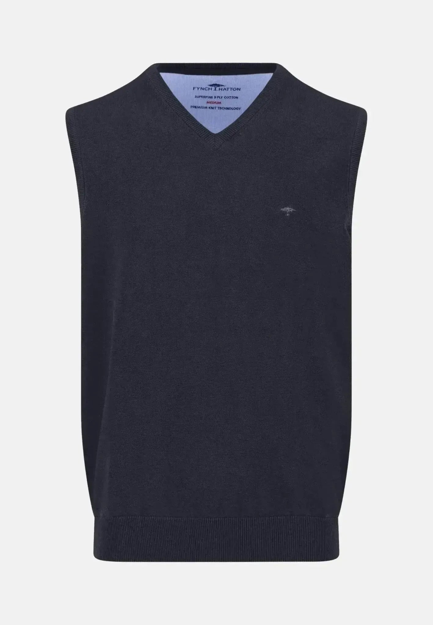 FYNCH-HATTON-Fynch-Hatton Superfine V-Neck Cotton Knit Vest Navy-NORTHERN THREADS DESIGNER MENSWEAR