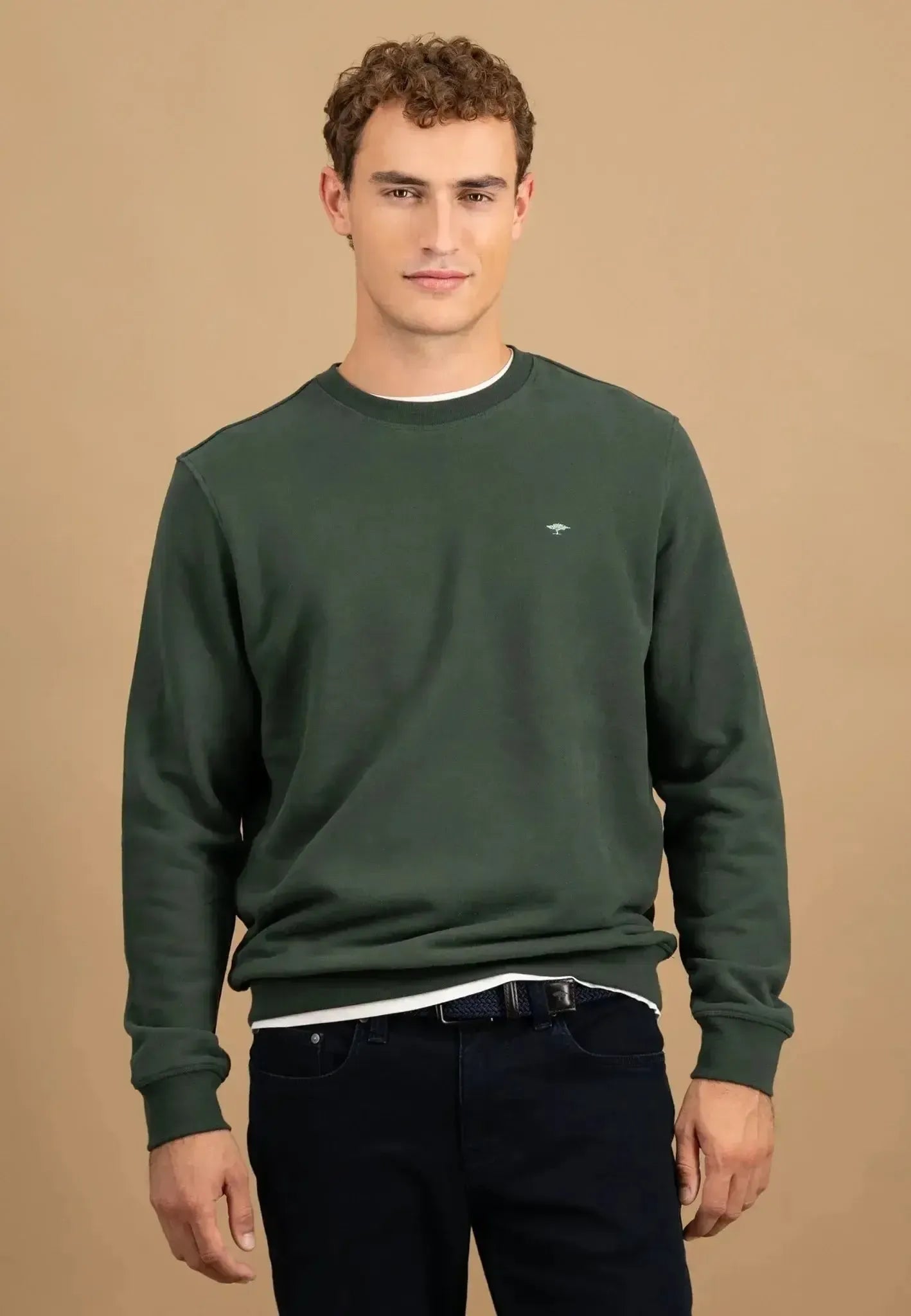 FYNCH-HATTON-Fynch-Hatton Washed Cotton Crewneck Sweatshirt Dark Ivy-NORTHERN THREADS DESIGNER MENSWEAR