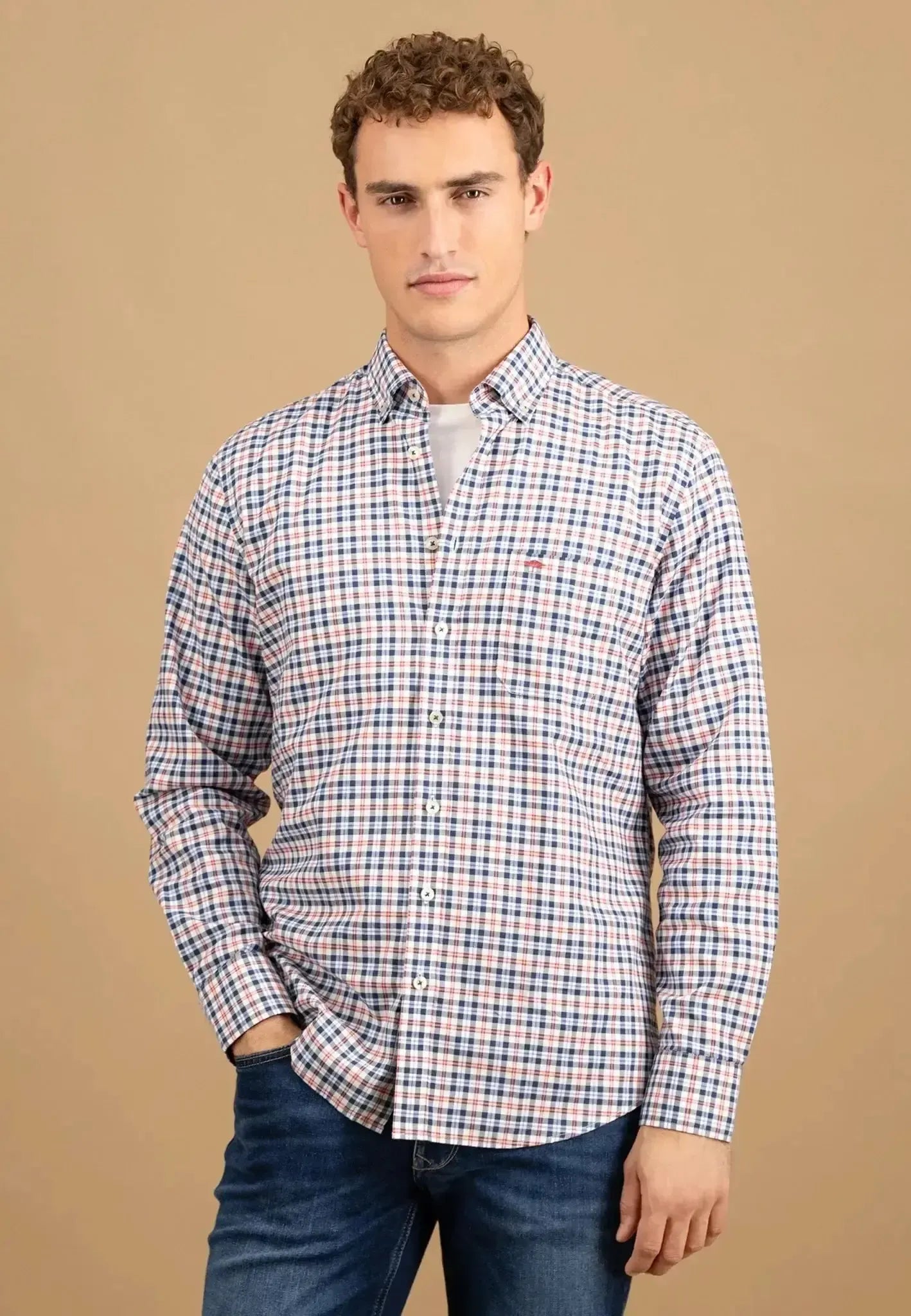 FYNCH-HATTON-Fynch-Hatton Washed Oxford Check Button Down Shirt Peach-NORTHERN THREADS DESIGNER MENSWEAR