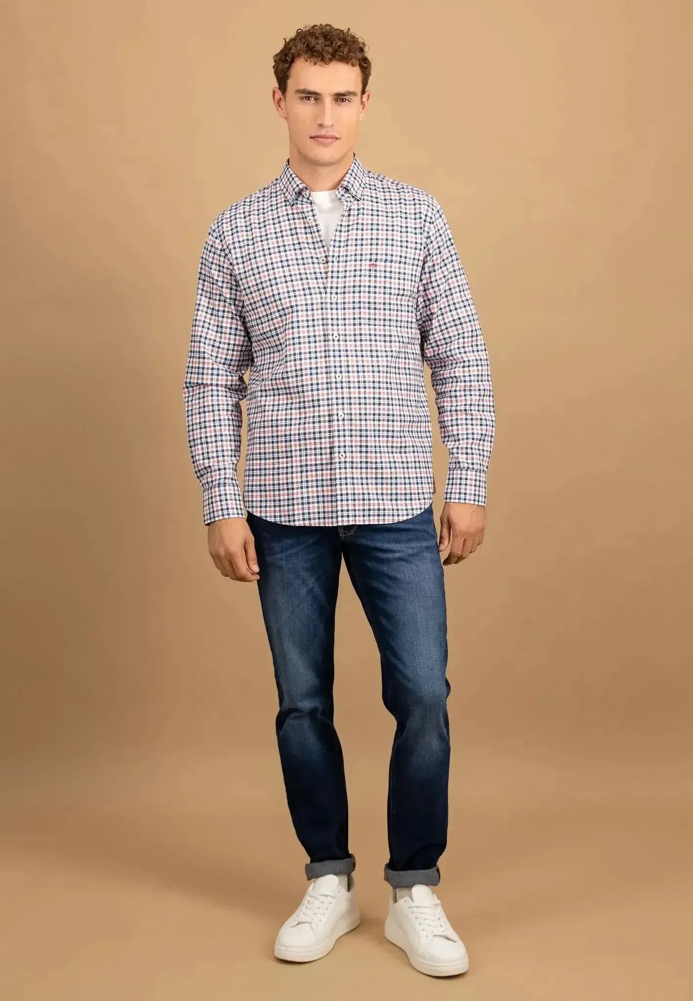 FYNCH-HATTON-Fynch-Hatton Washed Oxford Check Button Down Shirt Peach-NORTHERN THREADS DESIGNER MENSWEAR