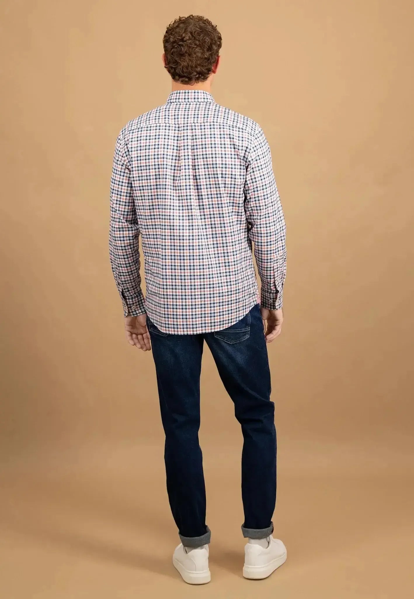 FYNCH-HATTON-Fynch-Hatton Washed Oxford Check Button Down Shirt Peach-NORTHERN THREADS DESIGNER MENSWEAR