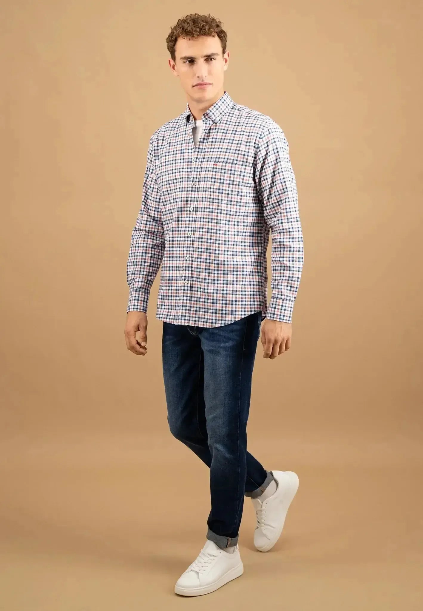 FYNCH-HATTON-Fynch-Hatton Washed Oxford Check Button Down Shirt Peach-NORTHERN THREADS DESIGNER MENSWEAR