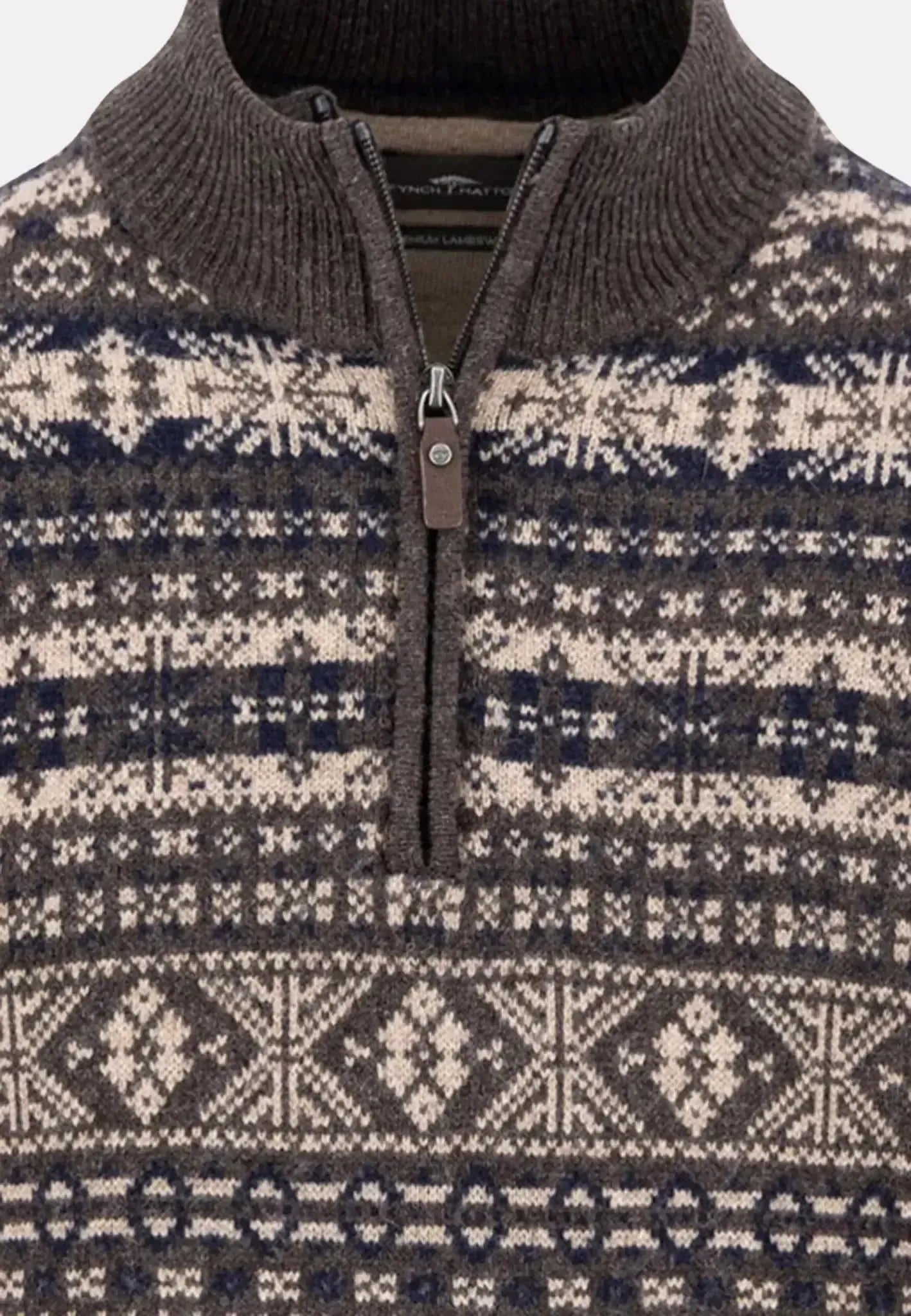 Fynch - Hatton Lambswool Jacquard 1/4 Zip Knit Dark Chocolate - northern threads