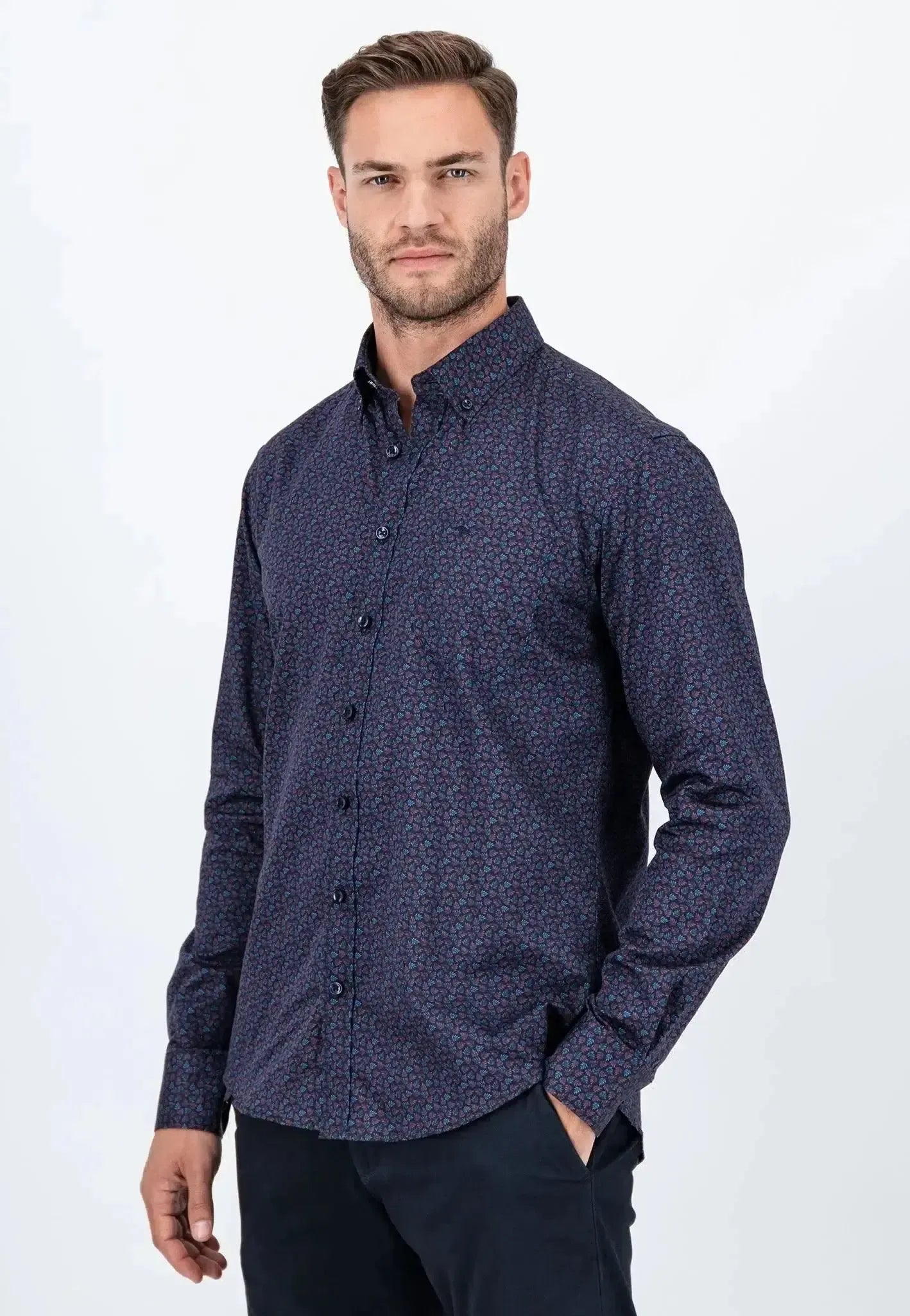 Fynch - Hatton Leaf Print Mix Shirt Pale Blush - northern threads