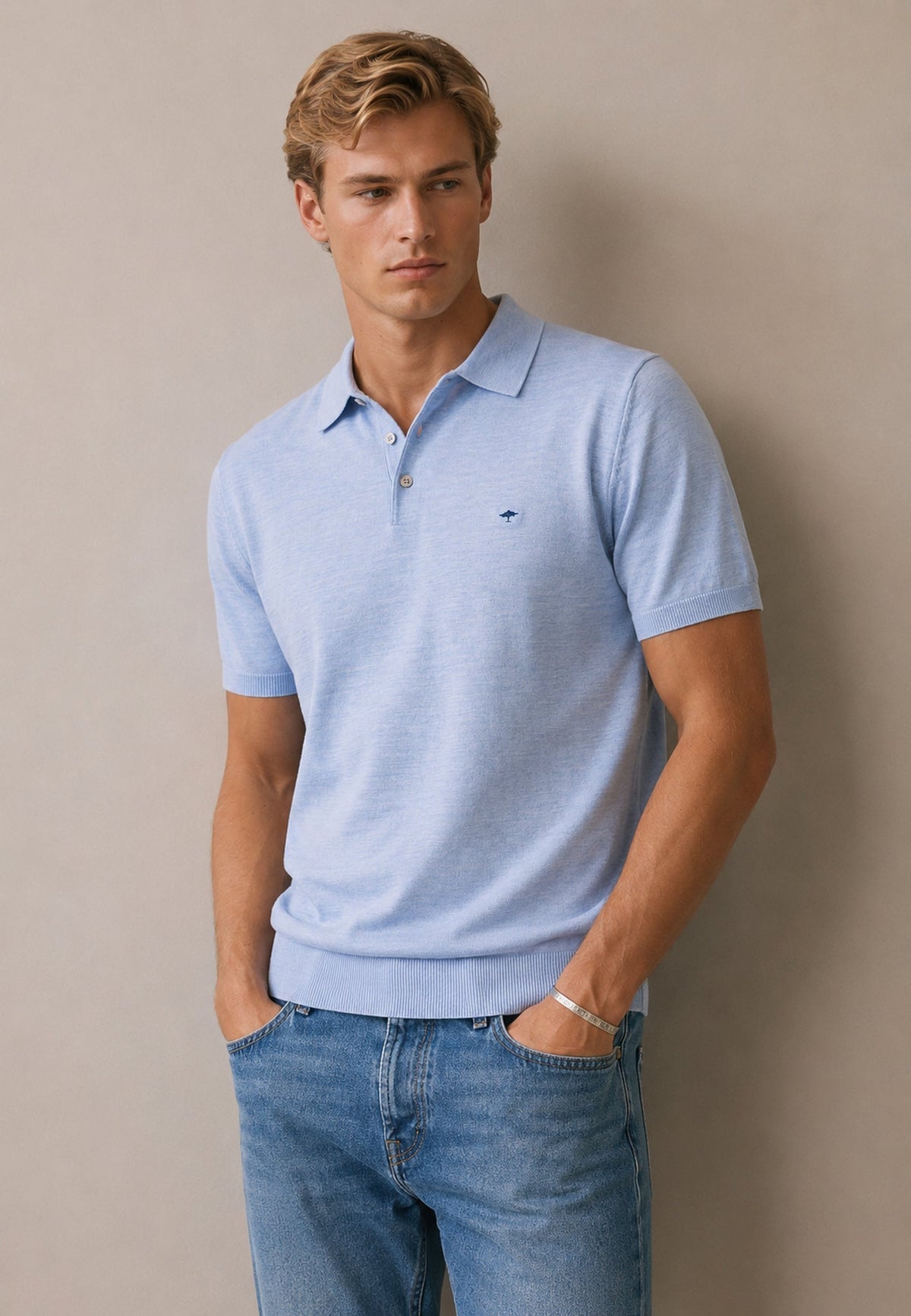 Fynch-Hatton Merino Wool Fine Gauge Knit Polo Shirt Air Blue | Northern Threads Designer Menswear