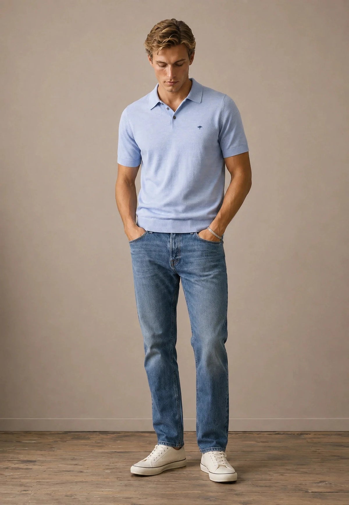 Fynch-Hatton Merino Wool Fine Gauge Knit Polo Shirt Air Blue | Northern Threads Designer Menswear