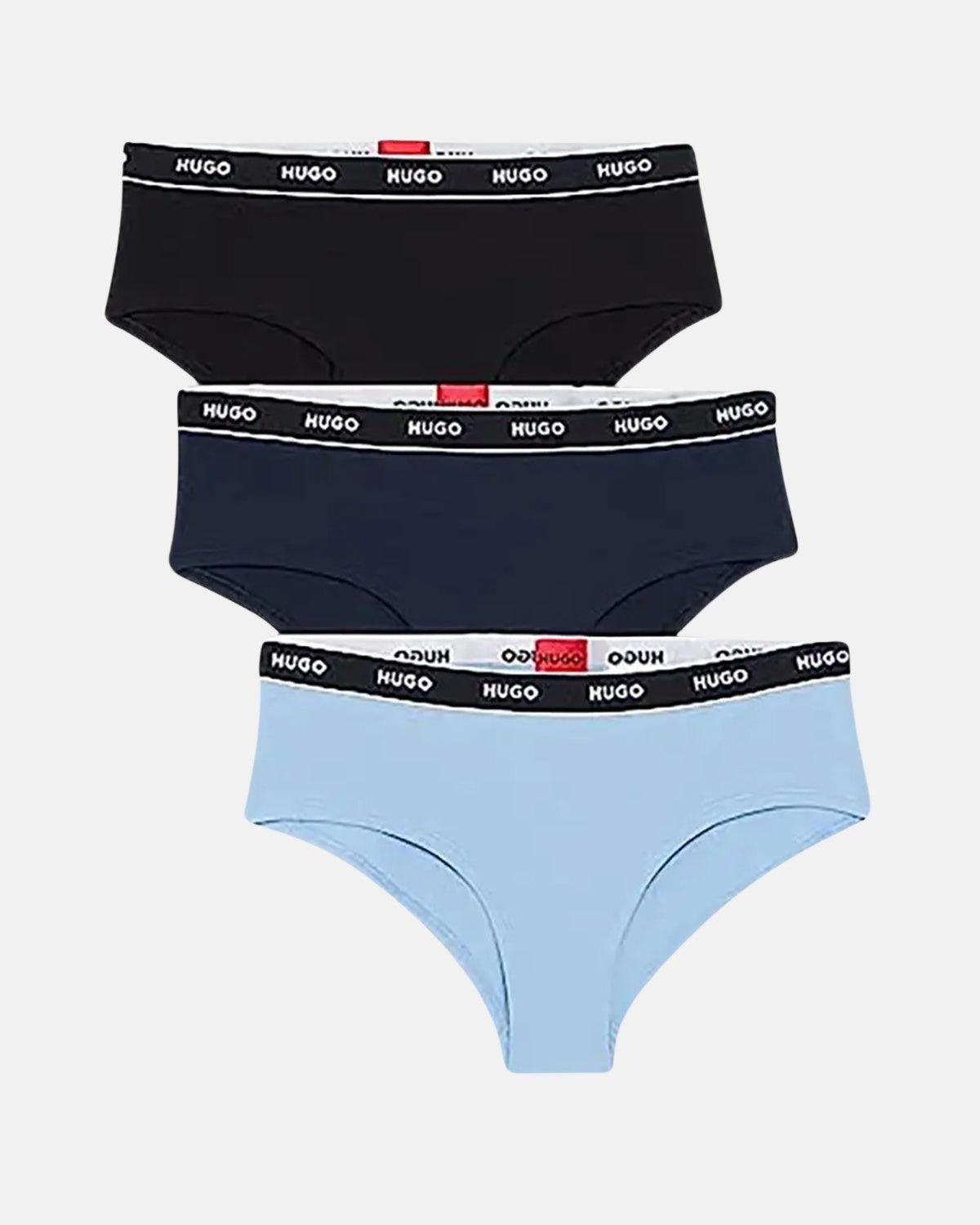 HUGO WOMENS 3 PACK HIPSTER BRIEFS NAVY BLACK BLUE - HUGO-50469658-973-XS - northern threads uk