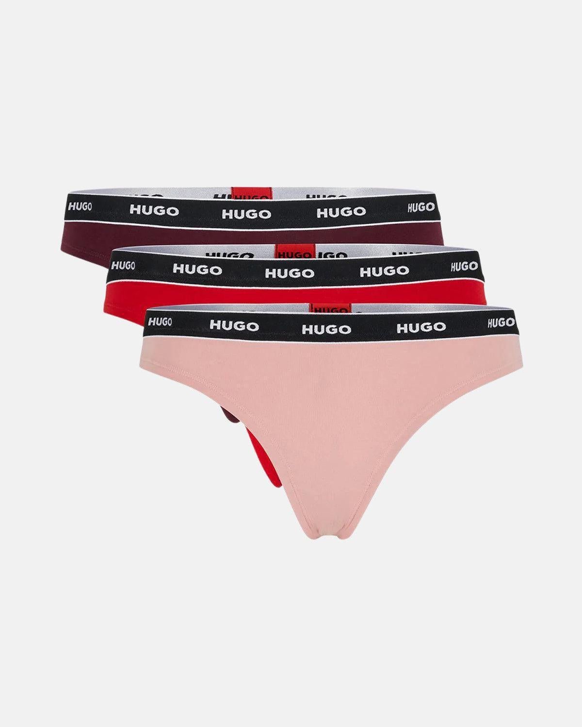 HUGO WOMENS 3 PACK THONGS BURGUNDY RED PINK - HUGO-50480150-972-XS - northern threads uk