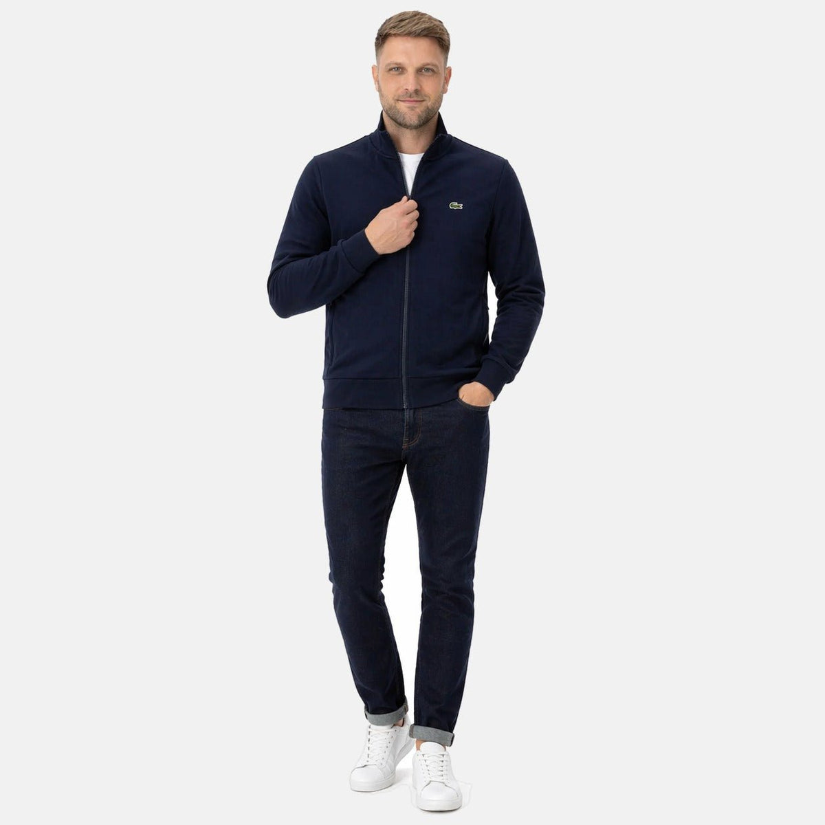 Lacoste Zip-Up High Neck Fleece Track Top Sweatshirt Midnight Blue | Northern Threads Designer Menswear