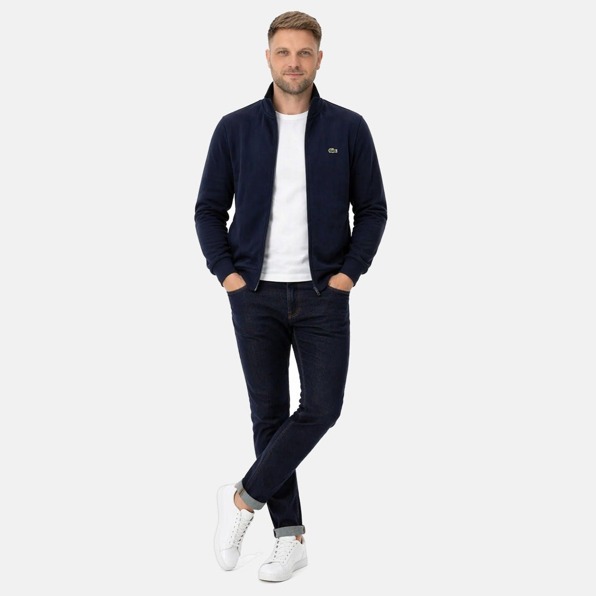 Lacoste Zip-Up High Neck Fleece Track Top Sweatshirt Midnight Blue | Northern Threads Designer Menswear