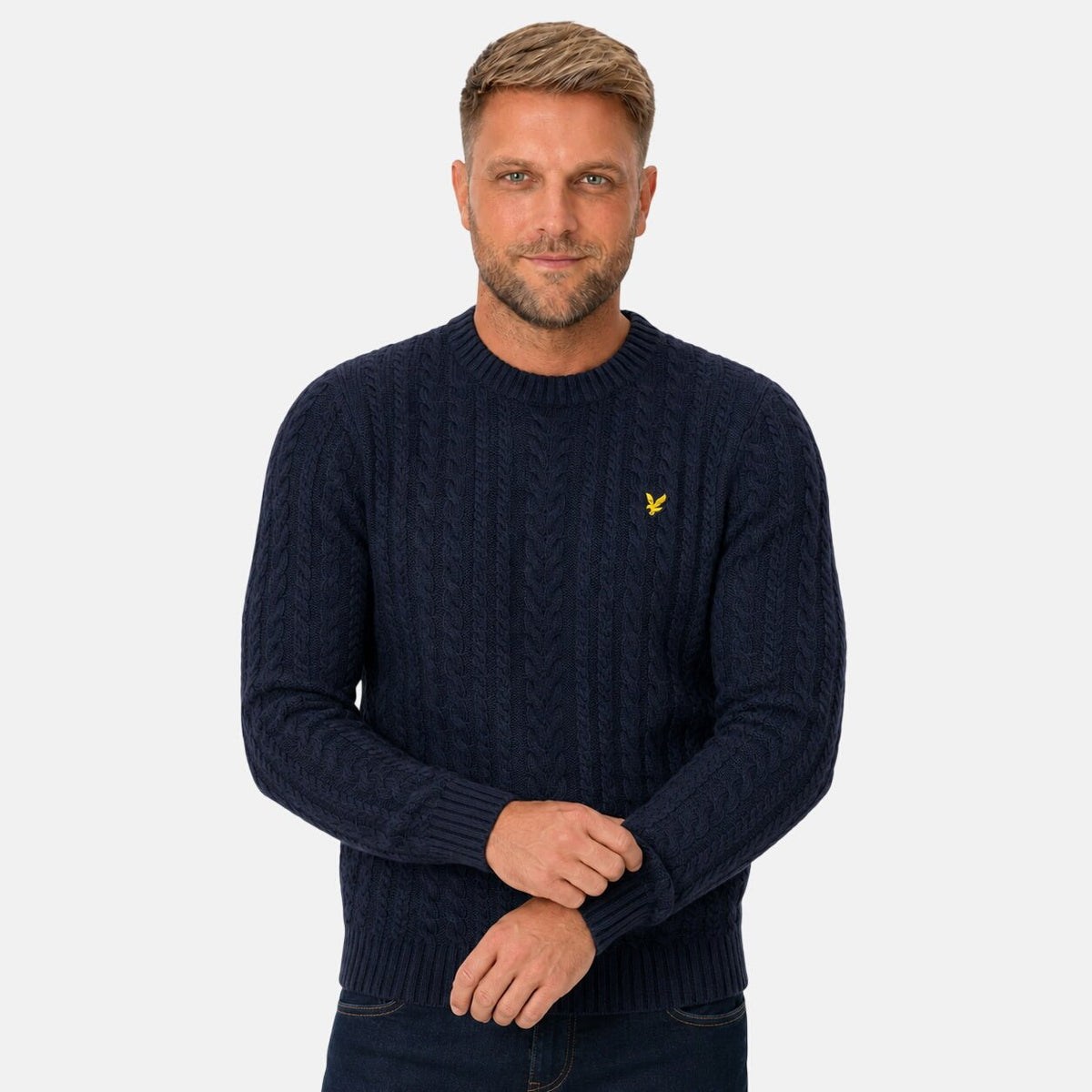 Lyle & Scott Cable Knit Crew Neck Jumper Dark Navy Marl | Northern Threads Designer Menswear