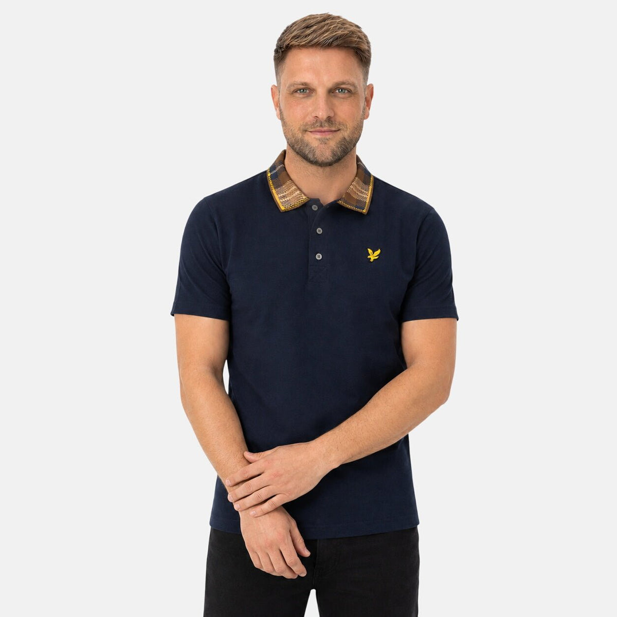 Lyle & Scott Tartan Collar Polo Shirt Navy/Brown | Northern Threads Designer Menswear