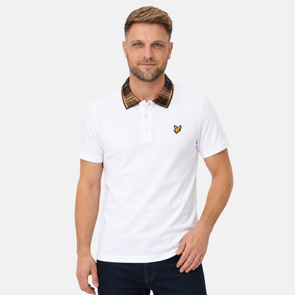 Lyle & Scott Tartan Collar Polo Shirt White/Brown | Northern Threads Designer Menswear