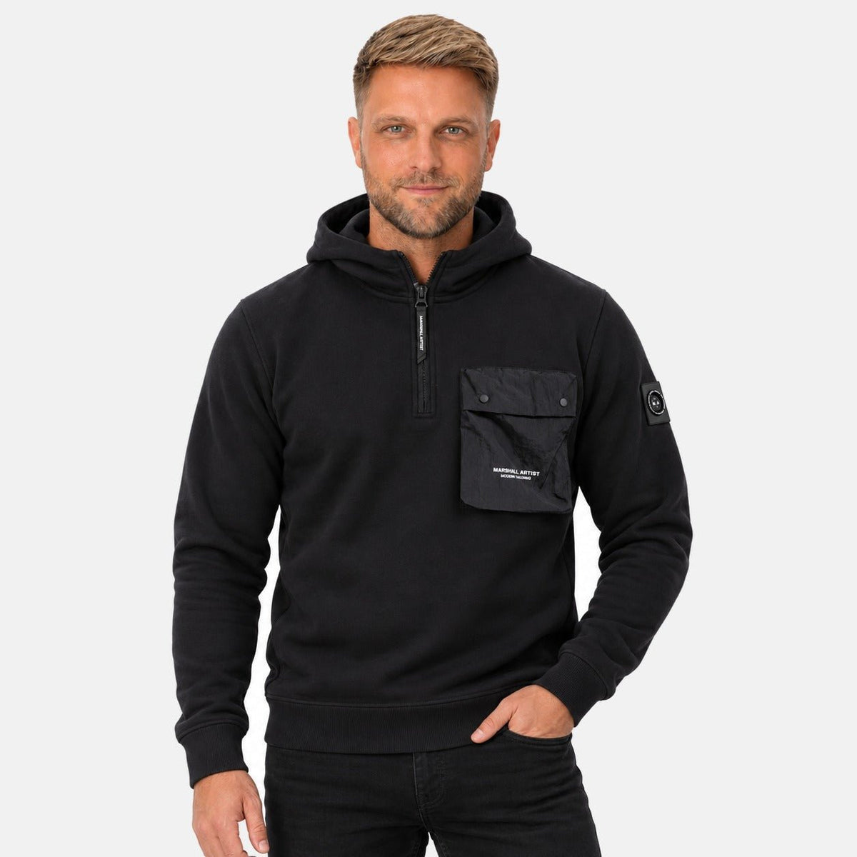 Marshall Artist Centro 1/4 Zip Hooded Sweatshirt Black | Northern Threads Designer Menswear