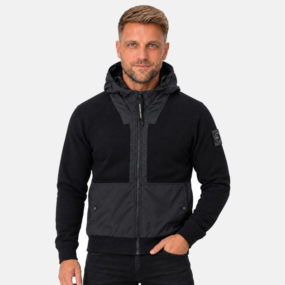 Marshall Artist Newbury Hybrid Knitted Hoodie Black | Northern Threads Designer Menswear