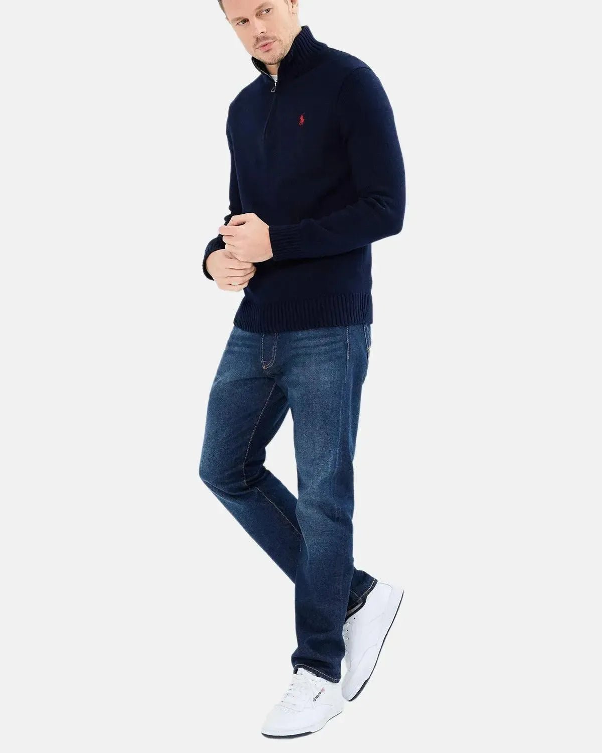 RALPH LAUREN COTTON 1/4 ZIP JUMPER HUNTER NAVY - RALPH-LAUREN-710859939-002-M - northern threads uk