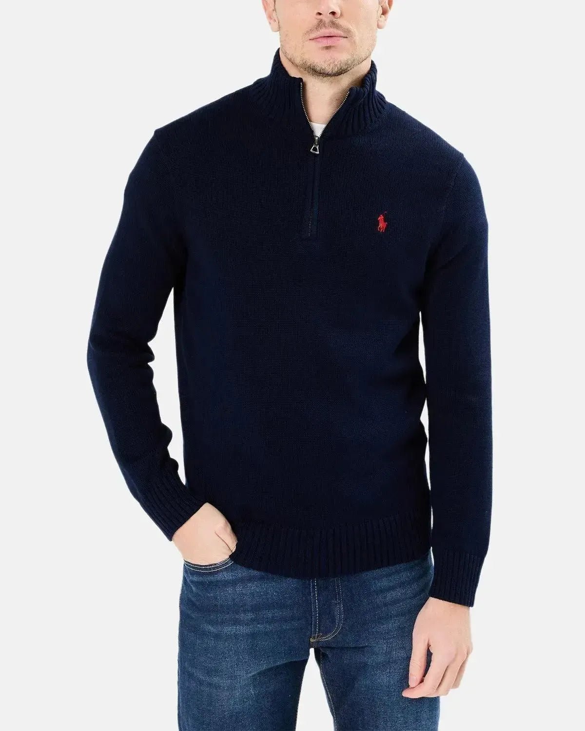 RALPH LAUREN COTTON 1/4 ZIP JUMPER HUNTER NAVY - RALPH-LAUREN-710859939-002-M - northern threads uk