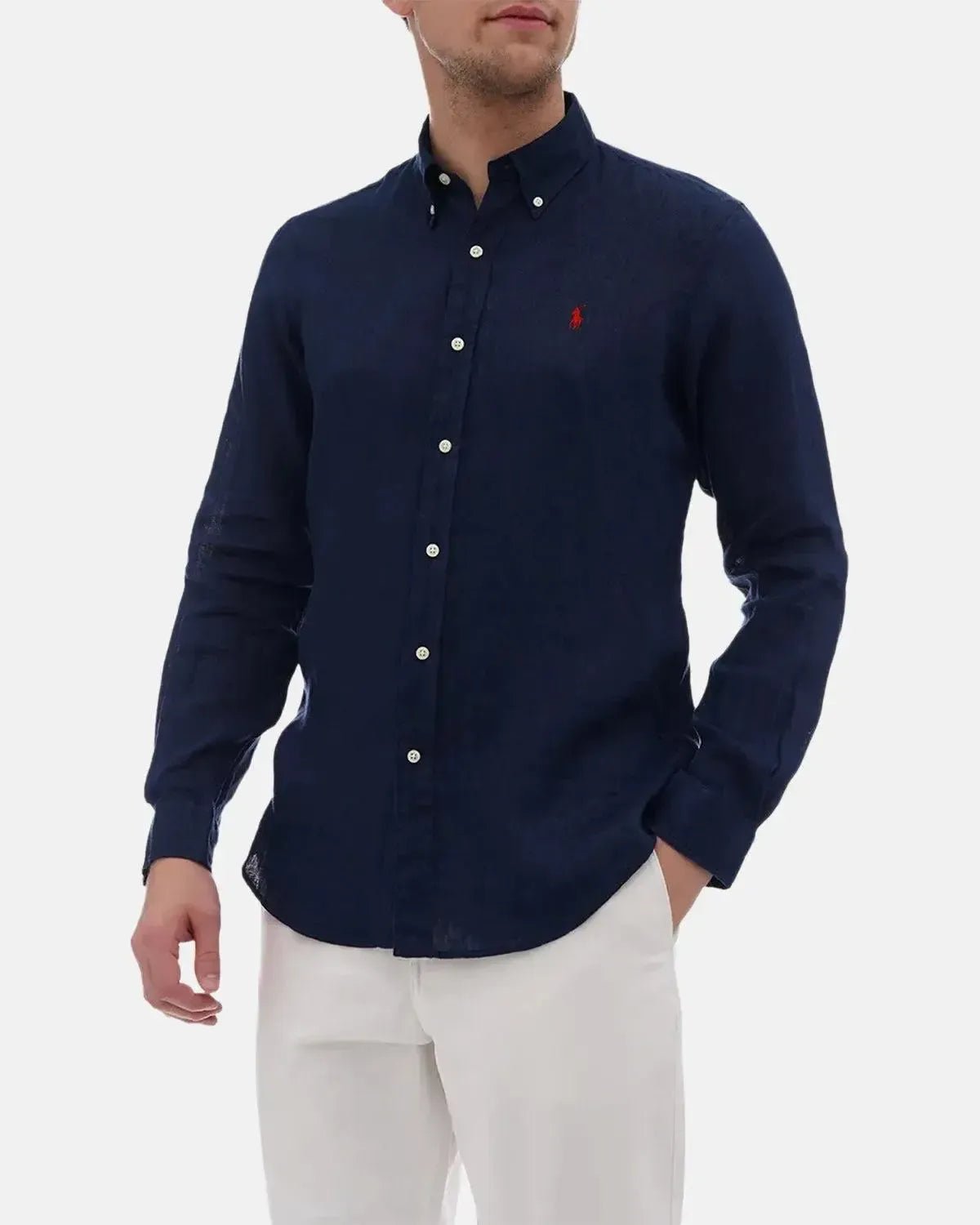 RALPH LAUREN CUSTOM FIT LINEN SHIRT NEWPORT NAVY - RALPH-LAUREN-710966294-006-S - northern threads uk