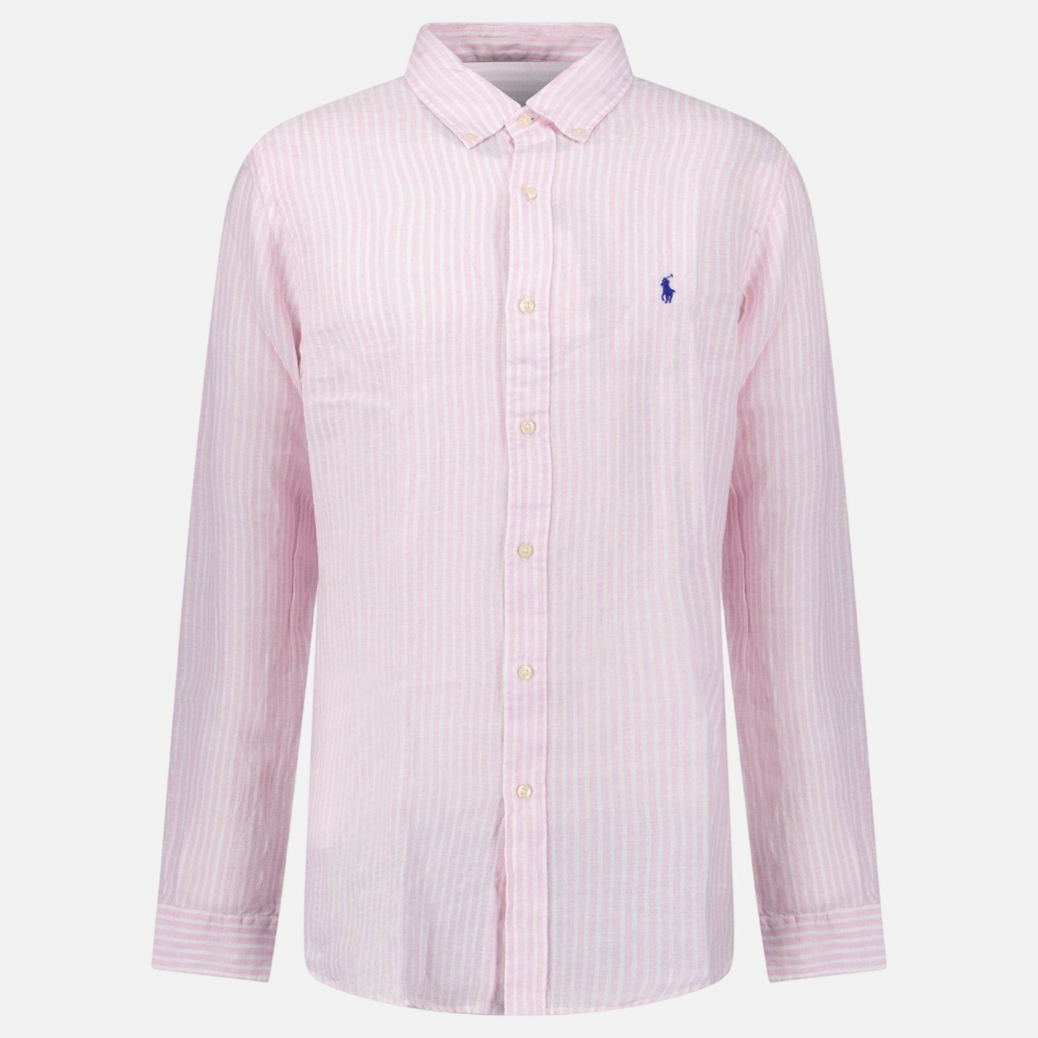 Ralph Lauren Custom Fit Stripe Linen Shirt Pink White - C16 - northern threads uk
