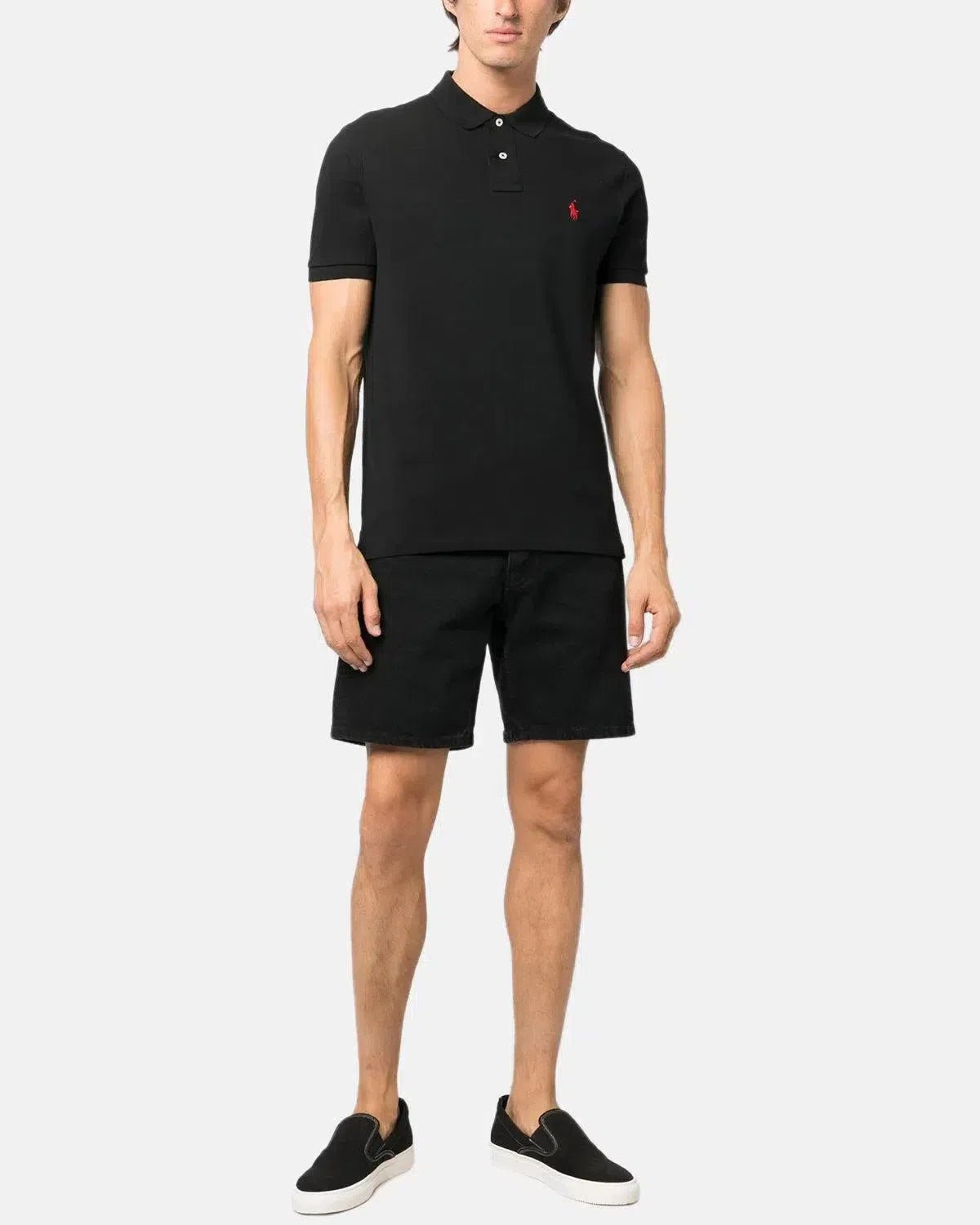 RALPH LAUREN CUSTOM SLIM FIT MESH POLO SHIRT BLACK RED - northern threads