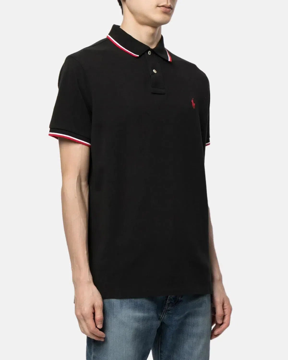RALPH LAUREN CUSTOM SLIM FIT MESH TIPPED POLO SHIRT BLACK - RALPH-LAUREN-710842621-001-S - northern threads uk