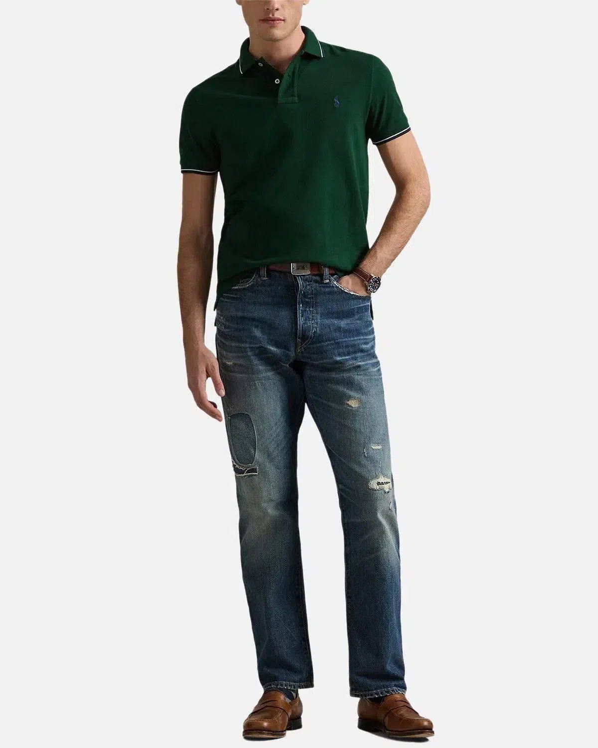 RALPH LAUREN CUSTOM SLIM FIT MESH TIPPED POLO SHIRT MOSS - RALPH-LAUREN-710842621-043-S - northern threads uk