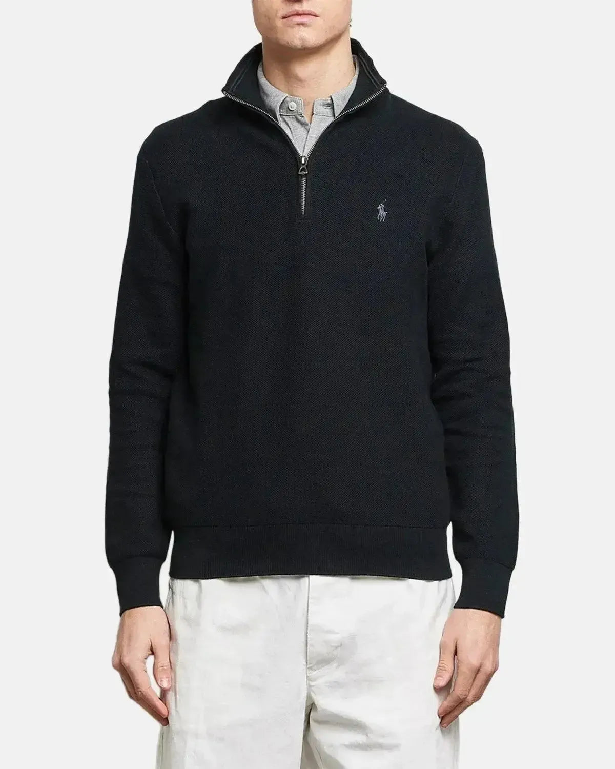 RALPH LAUREN MESH KNIT COTTON 1/4 ZIP KNIT BLACK - RALPH-LAUREN-710932304-505-M - northern threads uk