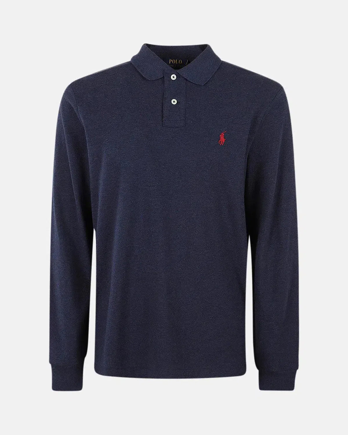 RALPH LAUREN-RALPH LAUREN CUSTOM SLIM FIT MESH LONG SLEEVED POLO SHIRT HEATHER NAVY-NORTHERN THREADS DESIGNER MENSWEAR