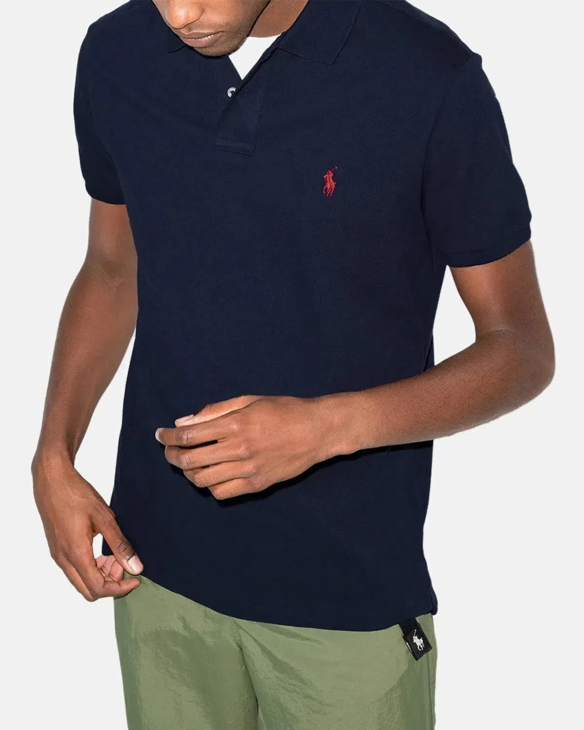 RALPH LAUREN-RALPH LAUREN CUSTOM SLIM FIT MESH POLO SHIRT NAVY RED-NORTHERN THREADS DESIGNER MENSWEAR