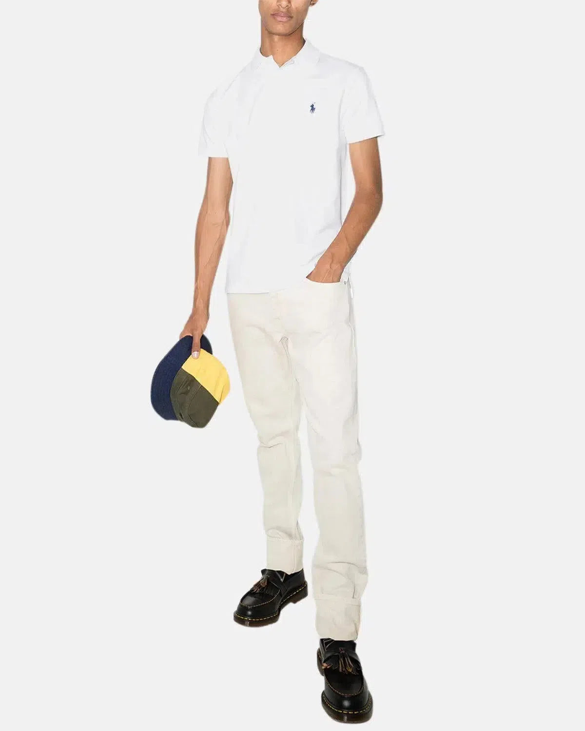 RALPH LAUREN-RALPH LAUREN CUSTOM SLIM FIT MESH POLO SHIRT WHITE NAVY-NORTHERN THREADS DESIGNER MENSWEAR