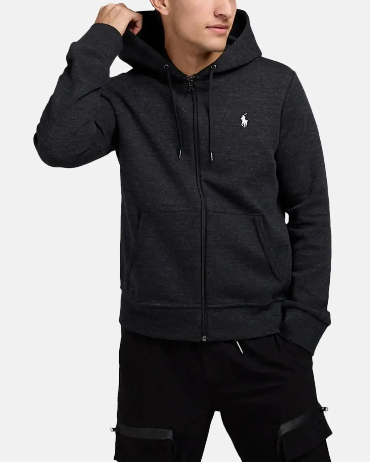RALPH LAUREN-RALPH LAUREN DOUBLE KNIT ZIP HOODIE BLACK MARL HEATHER-NORTHERN THREADS DESIGNER MENSWEAR