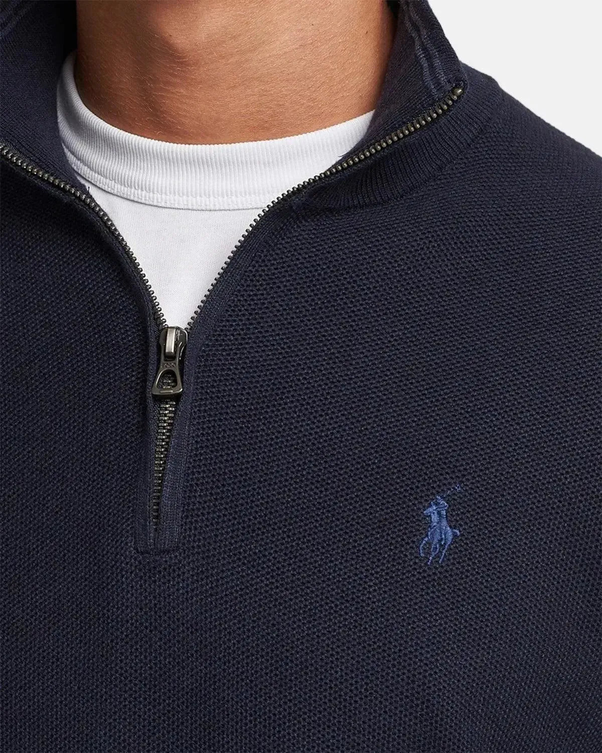 RALPH LAUREN-RALPH LAUREN MESH KNIT COTTON 1/4 ZIP JUMPER HEATHER NAVY-NORTHERN THREADS DESIGNER MENSWEAR
