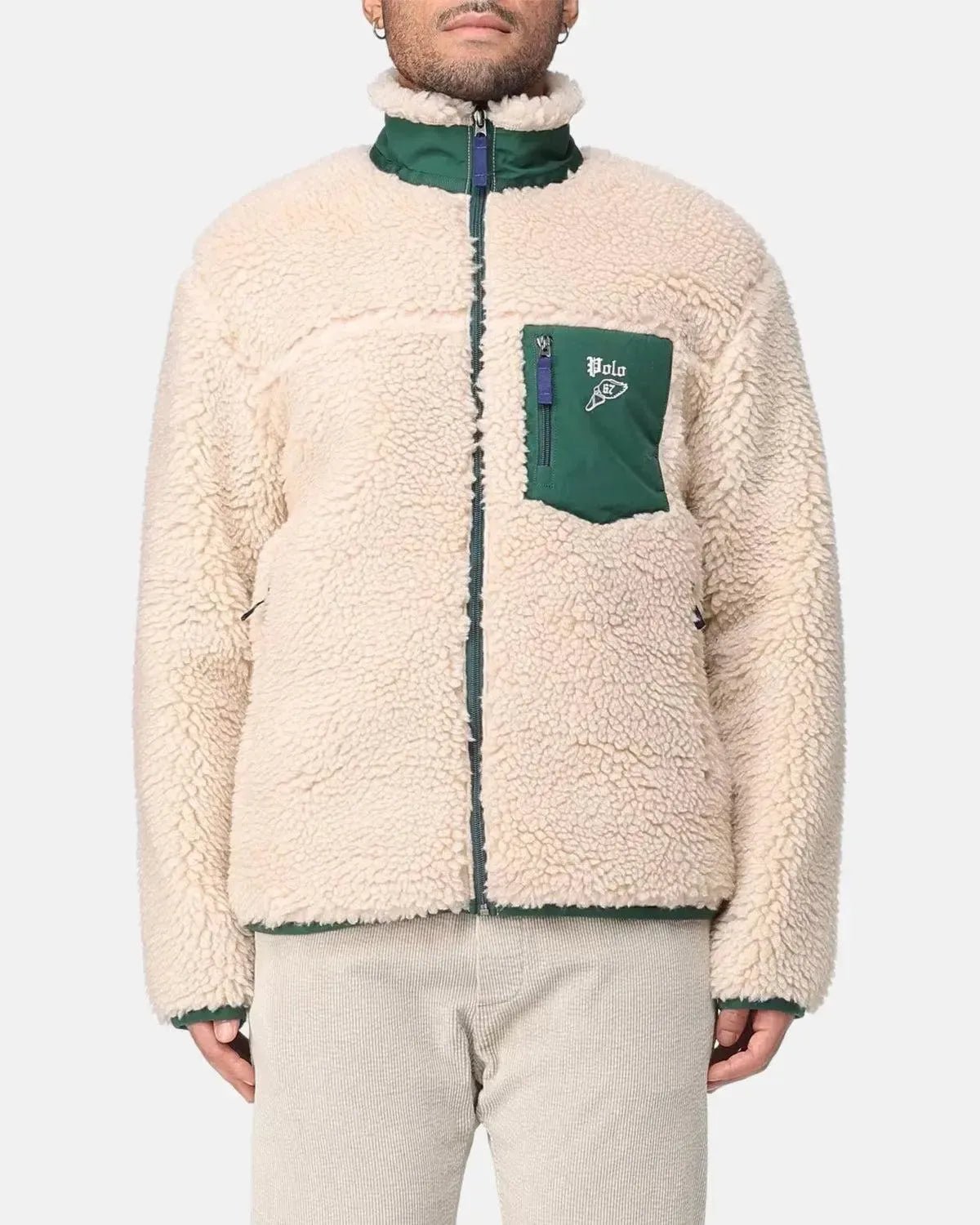 RALPH LAUREN WOOL BORG LOGO SHERPA ZIP THROUGH FLEECE RANCH CREAM - RALPH-LAUREN-710980869-002-M - northern threads uk