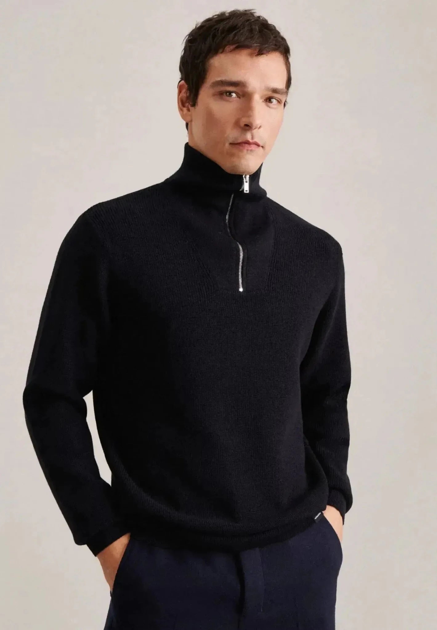 Seidensticker Merino Wool Stand Collar 1/4 Zip Knit Dark Blue - northern threads