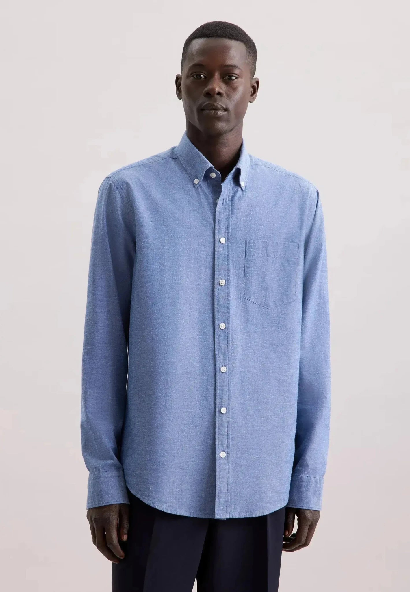 Seidensticker Regular Fit Button Down Linen Blend Chambray Shirt Mid Blue - northern threads