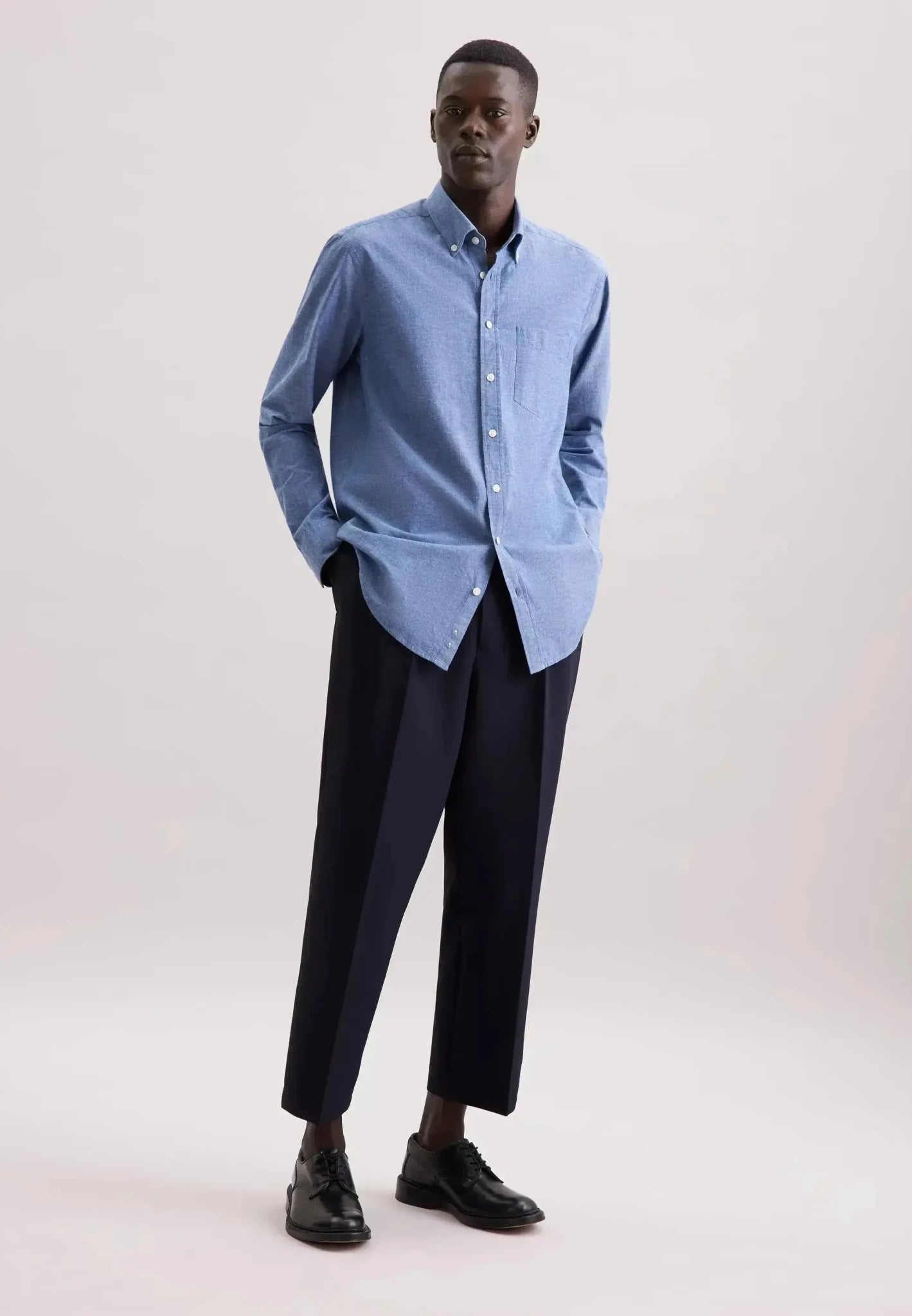Seidensticker Regular Fit Button Down Linen Blend Chambray Shirt Mid Blue - northern threads
