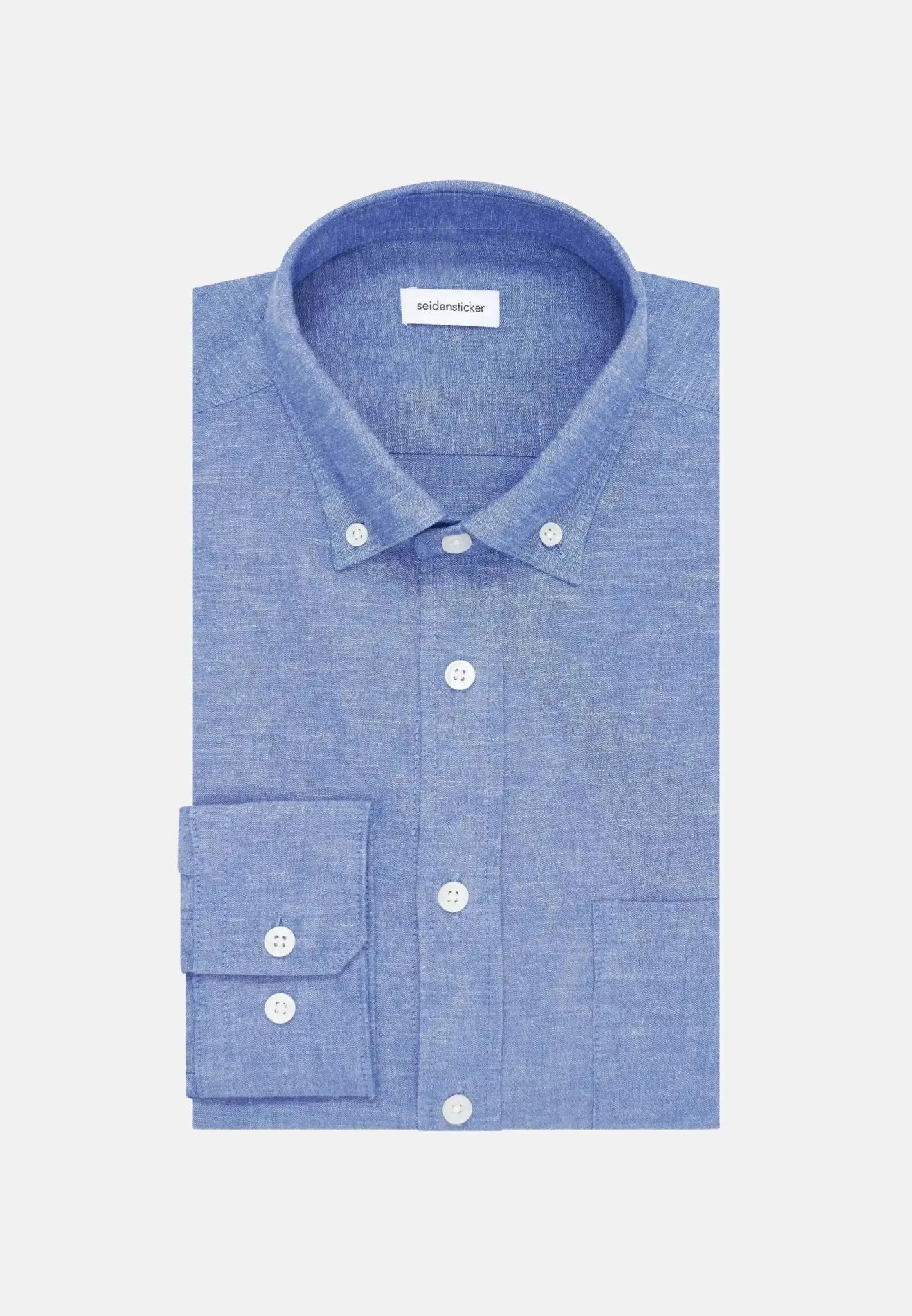 Seidensticker Regular Fit Button Down Linen Blend Chambray Shirt Mid Blue - northern threads