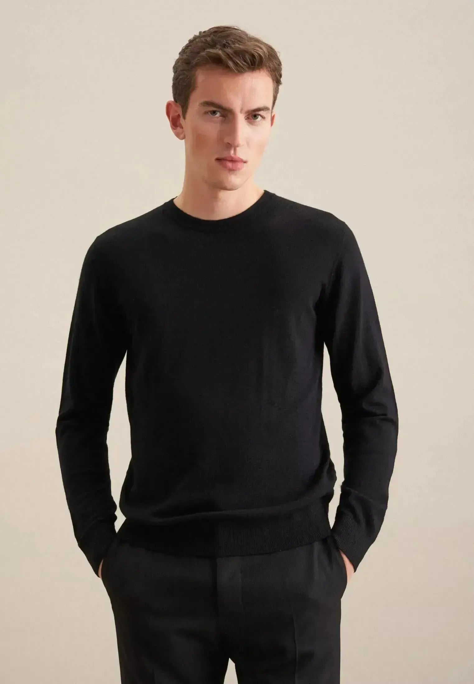 Seidensticker-Seidensticker Merino Wool Crewneck Knit Black-NORTHERN THREADS DESIGNER MENSWEAR
