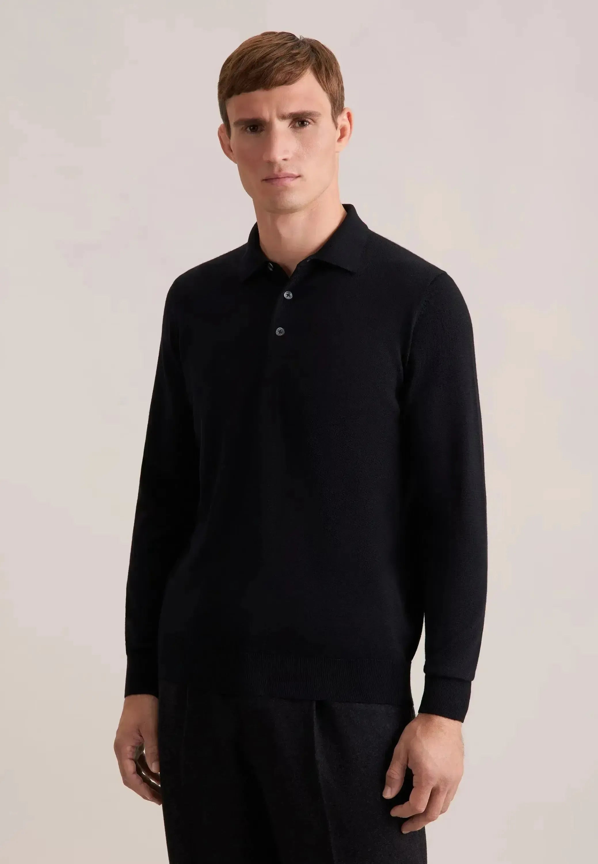 Seidensticker-Seidensticker Merino Wool Polo Collar Knit Black-NORTHERN THREADS DESIGNER MENSWEAR