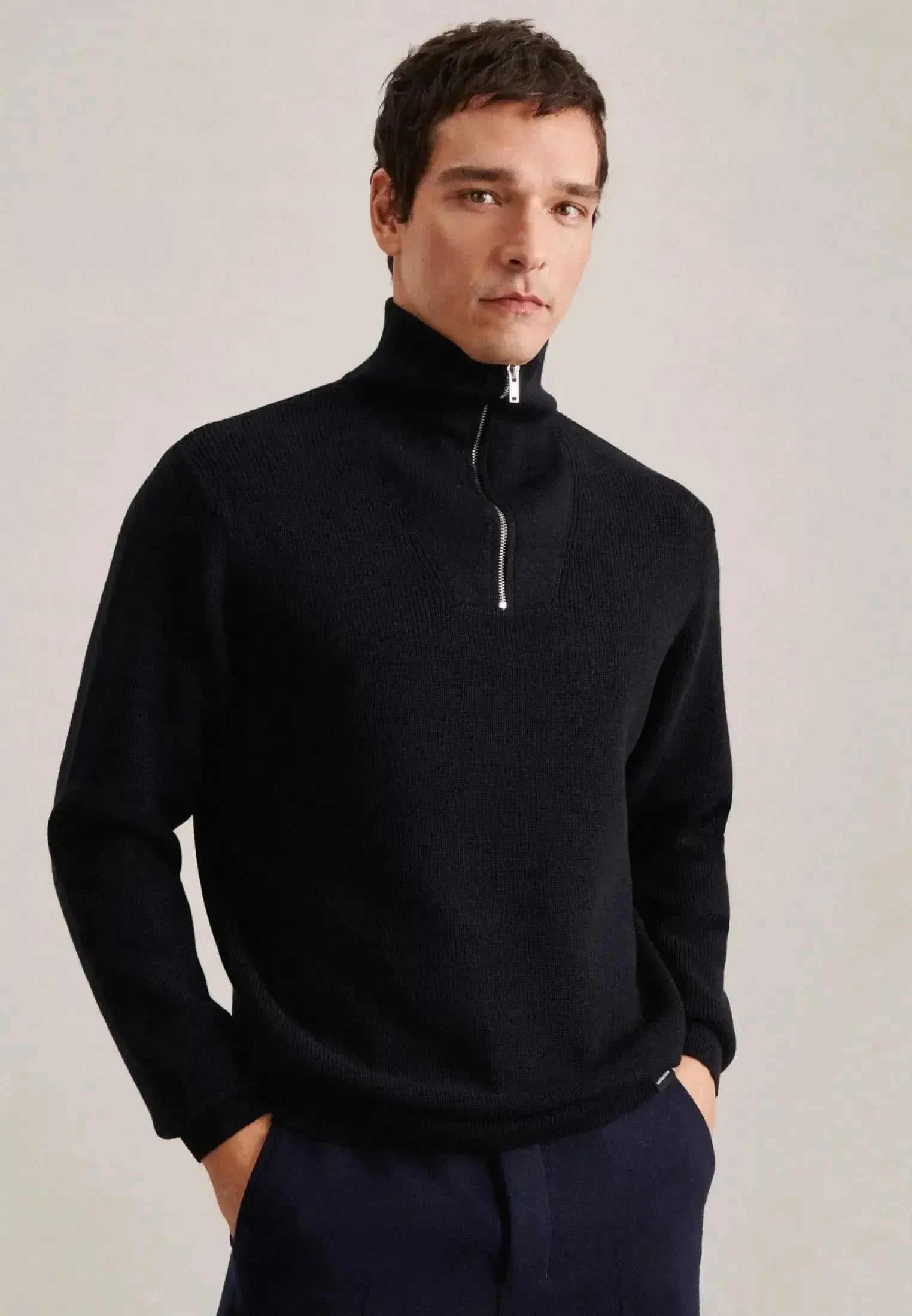 Seidensticker-Seidensticker Merino Wool Stand Collar 1/4 Zip Knit Dark Blue-NORTHERN THREADS DESIGNER MENSWEAR