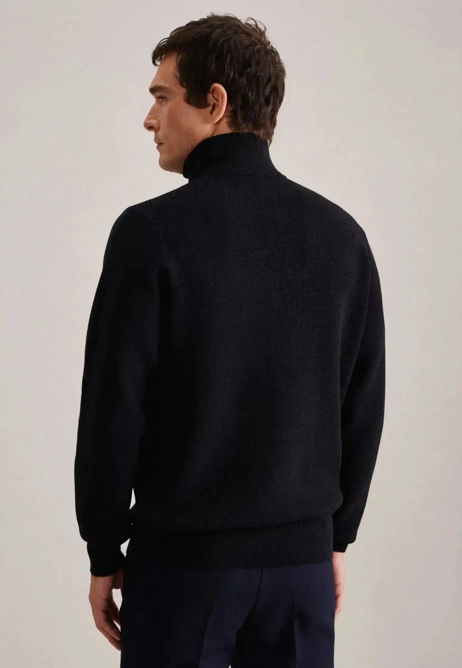 Seidensticker-Seidensticker Merino Wool Stand Collar 1/4 Zip Knit Dark Blue-NORTHERN THREADS DESIGNER MENSWEAR