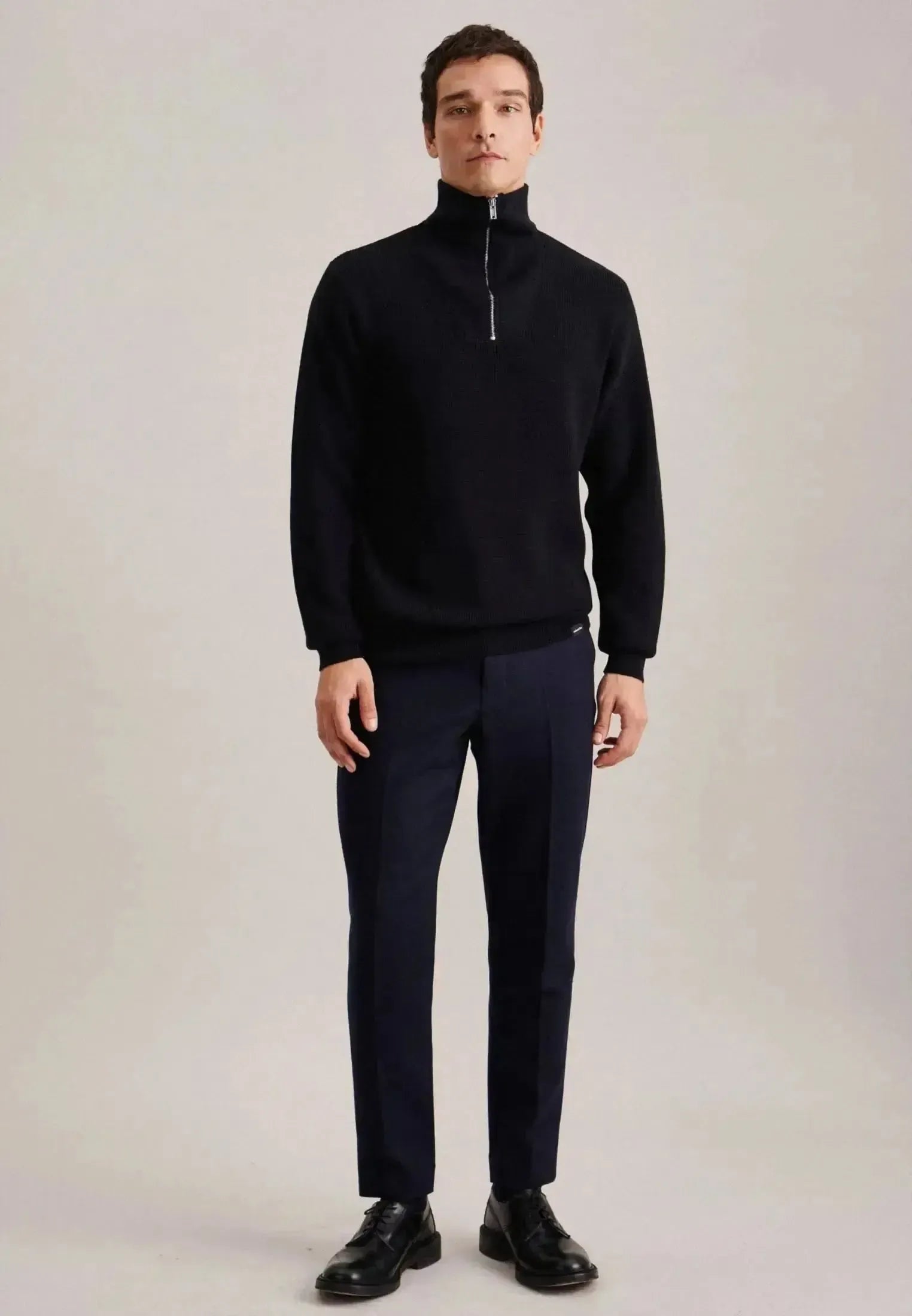 Seidensticker-Seidensticker Merino Wool Stand Collar 1/4 Zip Knit Dark Blue-NORTHERN THREADS DESIGNER MENSWEAR